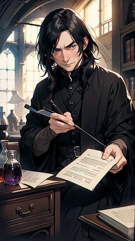 Severus snape, sitting at desk, writing on paper, open books on desk, looking at viewer, annoyed look, handsome, slight blush, potion bottles in background