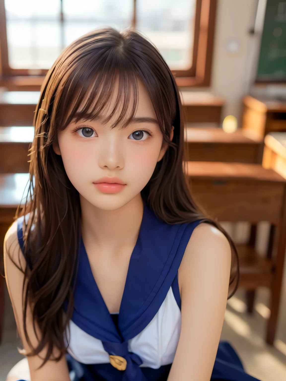 ((masterpiece, highest quality, High resolution)), 1 girl, (Realistic: 1.4), Beautiful face, Beautiful Hair, Beautiful eyes, Glowing Skin, ************, Sailor suit, classroom, Sit on a desk, Side angle, sunshine, Backlight, Professional photographer photography