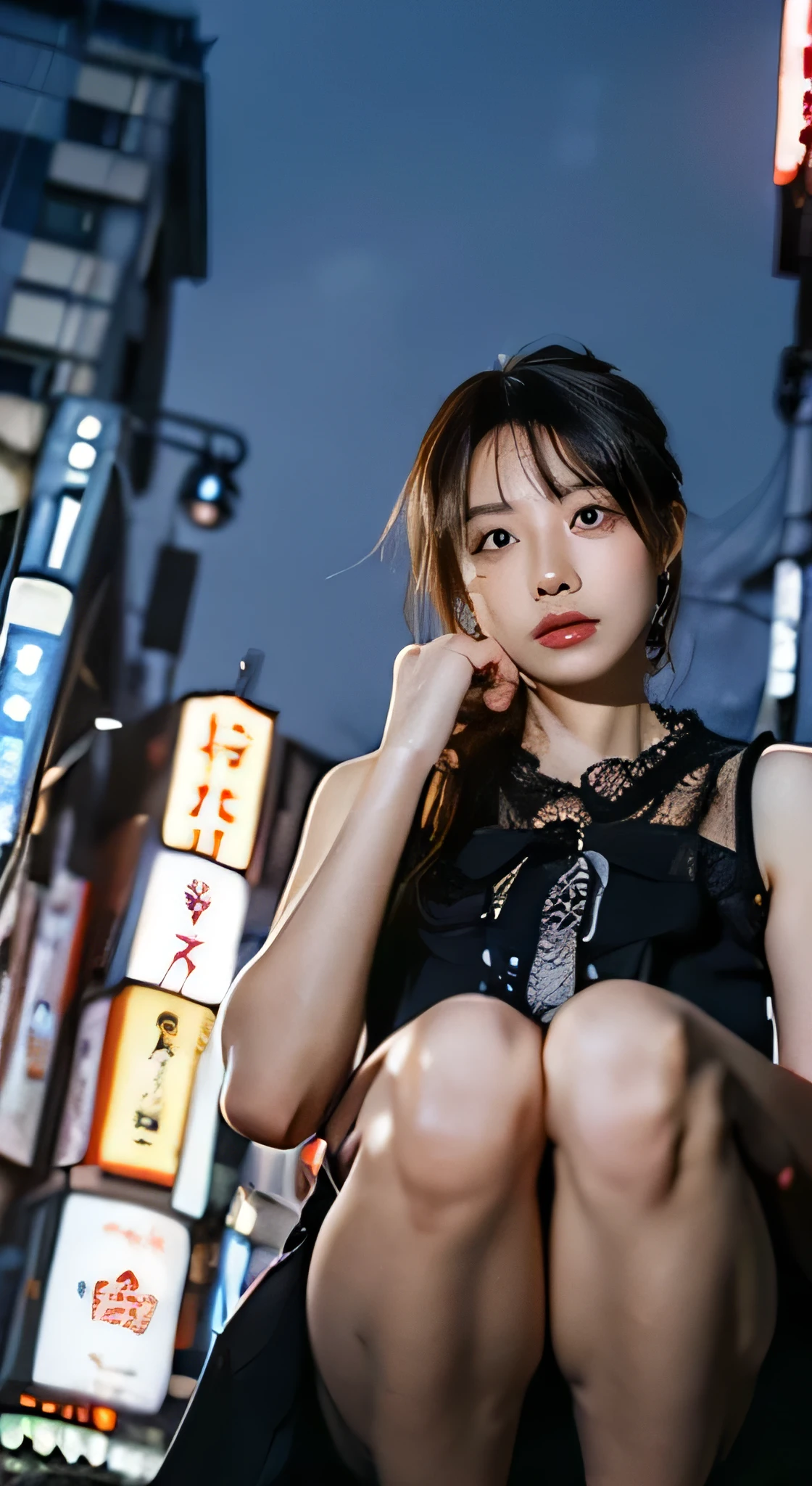 (Surreal, High resolution), (One Girl), (Very detailed美しい顔), Great face and eyes, (highest quality:1.4), (Very detailed), (Very detailed CG synthesis 8k wallpaper), Very detailed, High resolution raw color photos, Professional photography, Realistic portraits, Great face and eyes, Pink Eyes, (Fashion in Tokyo Kabukicho:1.3), (Fashion in Tokyo Kabukicho:1.2), mini skirt, Brown Hair, Written boundary depth, Midnight Kabukicho (Squat:1.1), (:1.4), (((Bokeh))), Written boundary depth, (View from below:1.15)