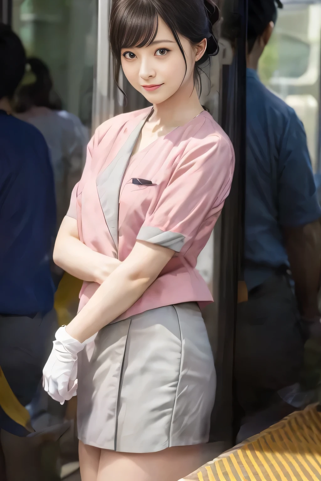 (masterpiece:1.2, highest quality:1.2), 32K HDR, High resolution, (alone、1 girl)、 (Height: 160cm)、（On the rooftop of a building in the daytime、Professional Lighting）、Building rooftop background、（Nankai train crew uniform pinkを着たリアルスタイル）、（Nankai train crew uniform pink short sleeve collarless pink jacket、Nankai Train Crew Uniform Pink Collarless Short Sleeve Blouse、Nankai Train Crew Uniform Pink Grey Knee-length Culottes）、Dark brown hair、（Hair tied up、Hair tied up、Evening curly hairstyle）、Dark brown hair、Long Shot、Big Breasts、Thin legs、（（Great hands：2.0）），（（Harmonious body proportions：1.5）），（（Normal limbs：2.0）），（（Normal finger：2.0）），（（Delicate eyes：2.0）），（（Normal eyes：2.0））)、smile、（Nankai Train Crew Uniform Pink Grey Knee-length Culottesを見せた美しい歩く姿）、Place your hands around your stomach、Lanyard employee ID card