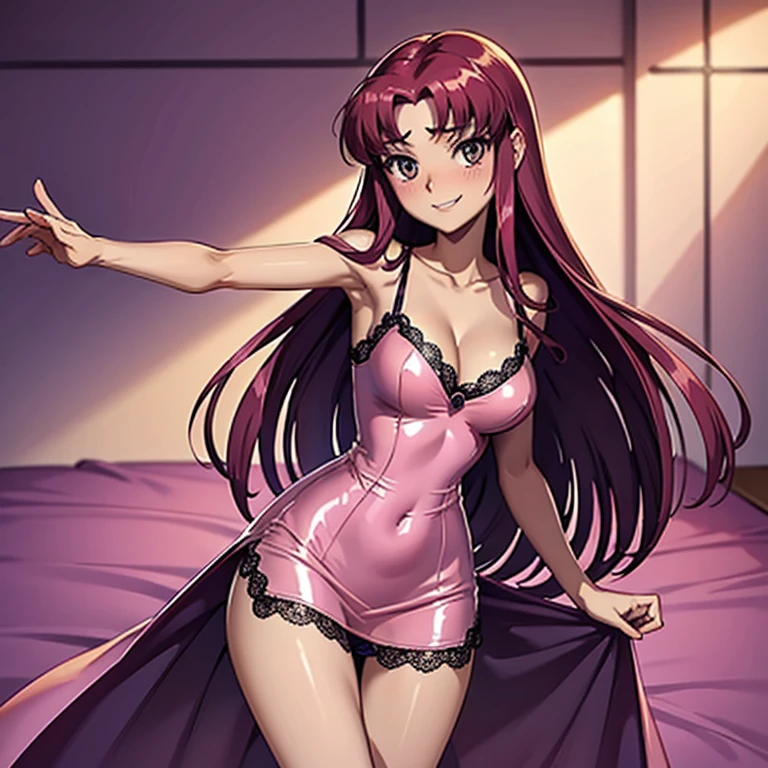 Starfire, shiny_dress, pink_silk_glossy_fabric, skinny, thin_legs, lace, nightwear, glossy_fabric, shiny, short_dress, cleavage, glossy_fabric, long_red_hair, skinny, bedroom, gentle_smile, blushing, beautiful, female, high resolution, 8k
