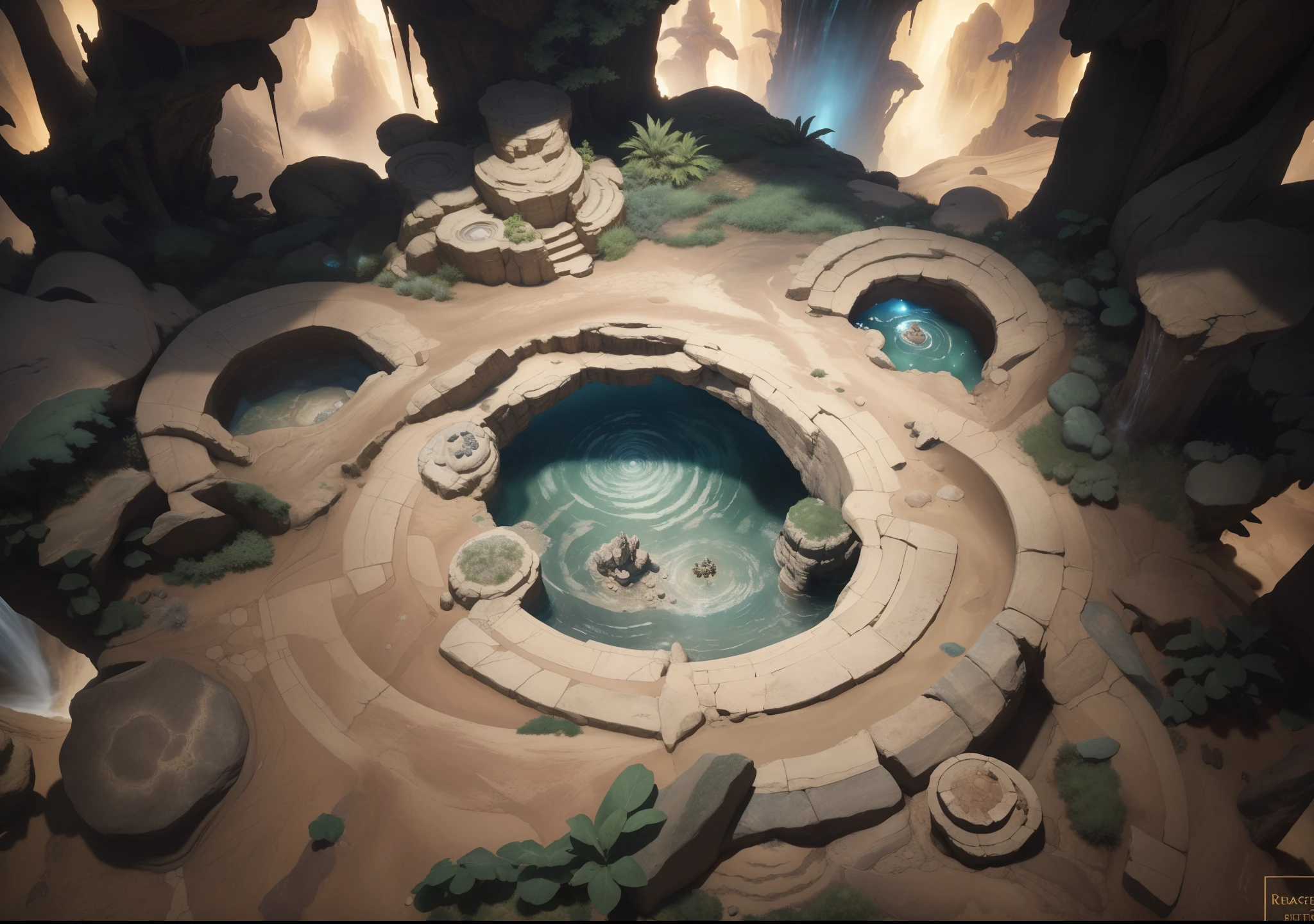 (masterpiece:1.1),(highest quality:1.1),(HDR:1),desert Rock texture,flagstone road,dim lights,speleothems,The texture is clear,Ray traching,Dune, dungeoun(The is very detailed,finely detailled,iintricate),8K resolution, birdseye straight top-down shot from a drone, (black necrotic magic in the air:1.2), dungeons and dragons, final fantasy, game art, (coherent architecture and interior, with realistic proportions and textures, intricate details, handdrawn, vibrant, cinematic lighting, masterpiece, 8k:1.2), ((waterfall in the background ))