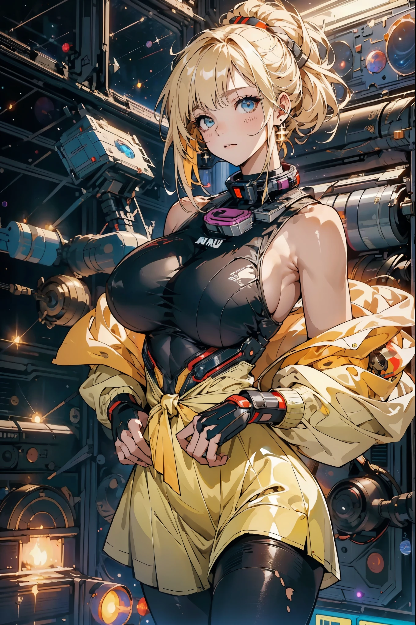 Unreal Engine:1.4,Ultra HD,best quality:1.4, Realistic:1.4, Texture:1.4, masterpiece:1.8,Girl with perfect face in yellow cyberpunk dress , semi-futuristic, Ladybug spot combination, Long tied blonde hair,Cyberpunk style:1.4 ,(space station:1.4),(Beautiful and detailed description of the eyes)huge , Crazy breast swelling, Chest larger than shoulder blades, Big breasts and thin waist,(huge breasts:1.2),Hydrated skin((rogue))((非常huge乳房)),((Grooves reveal original skin))