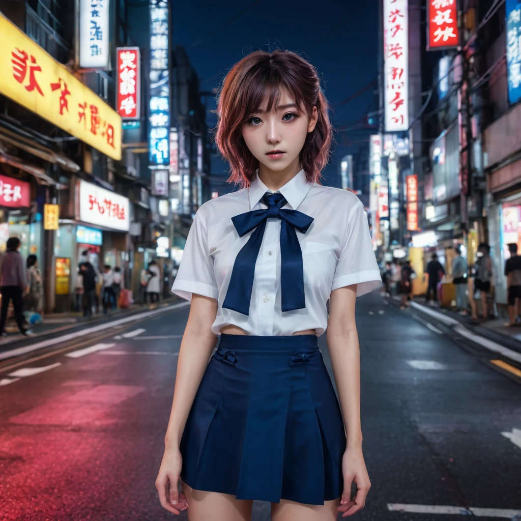 (8k, RAW photo, masterpiece:1.3), (realistic, photo-realistic:1.37), (night), (looking at viewer:1.331), (bloody hair), posing, Tokyo street, nightcityscape, cyberpunk city, soft light, naked girl, extremely beautiful face, bust, put down hands, Random hairstyle, Random expression, big eyes, lower abdomen, (short-sleeved .JK_shirt), JK_style, (dark blue lifting JK_skirt), (bow JK_tie), mix4., best quality, naked