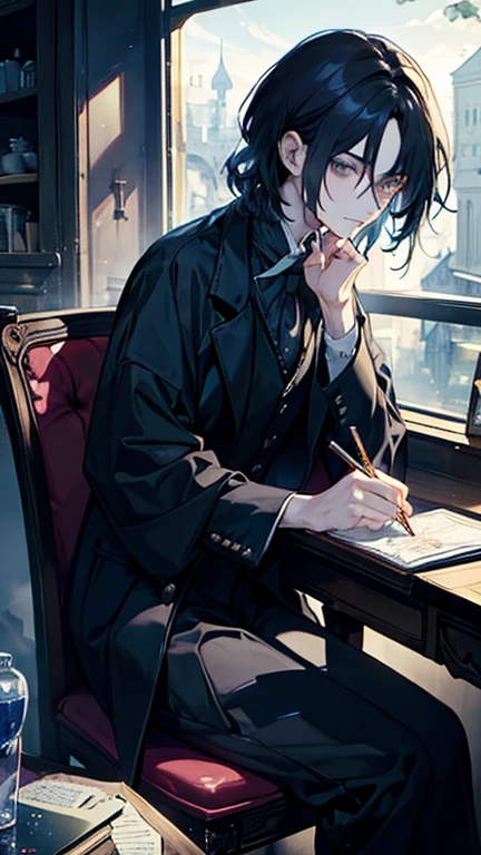 Severus snape, sitting at desk, writing on paper, open books on desk, looking at viewer, annoyed look, handsome, slight blush, potion bottles in background