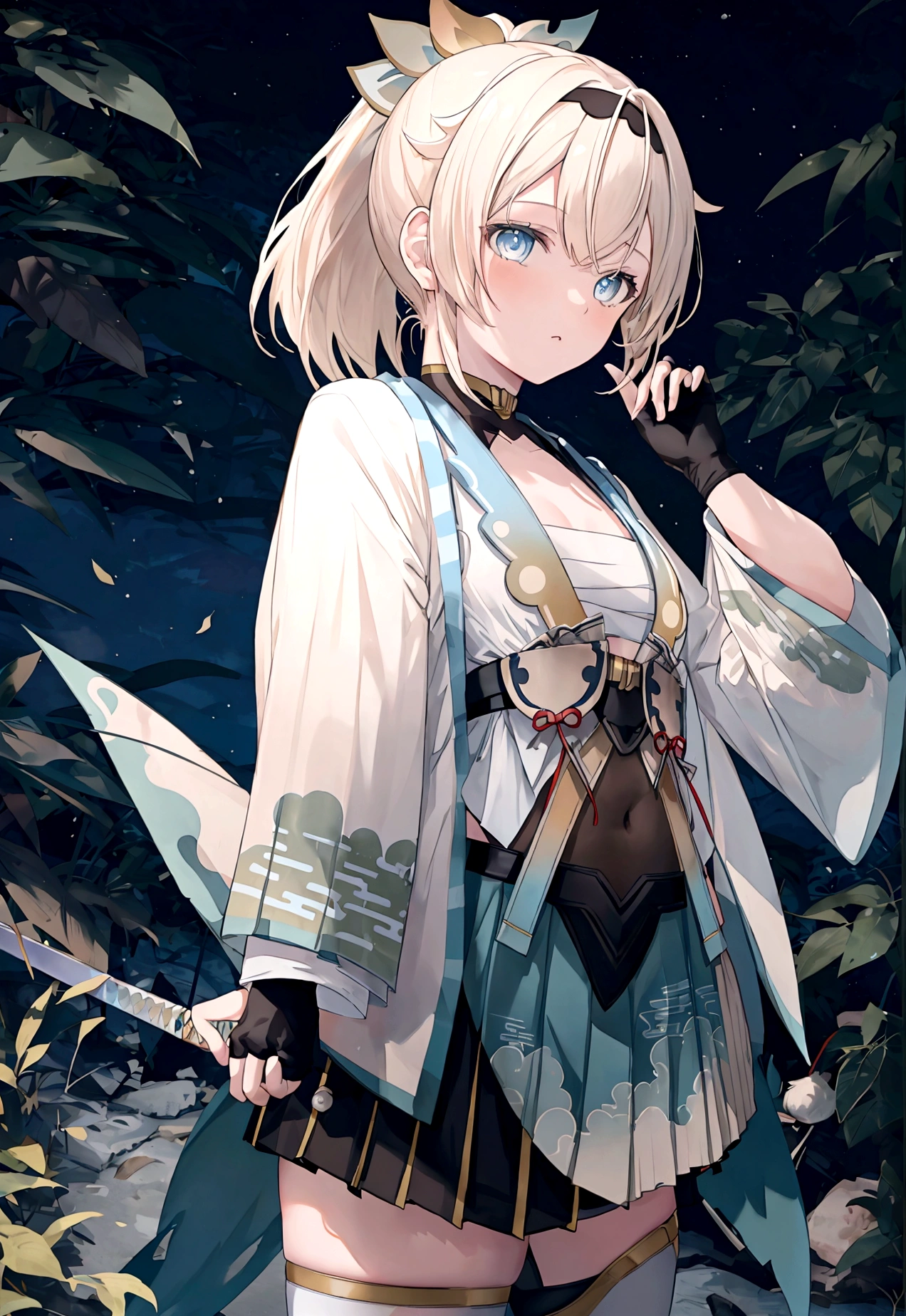 long shot, moon, 1girl, weapon, sword, solo, male focus, night, blue theme, full moon, katana, japanese clothes, nature, long hair, tree, standing, night sky, silhouette, holding, sky, holding sword, leaf, sheath, holding weapon, ponytail, outdoors, forest, water, monochrome, star (sky), moonlight, kazama iroha, blonde hair, fingerless gloves, japanese clothes, white thighhighs, haori, black gloves, bangs, pleated skirt, ponytail, chest sarashi, blue eyes, black hairband, hair ornament, leaf hair ornament, long sleeves, covered navel, breasts