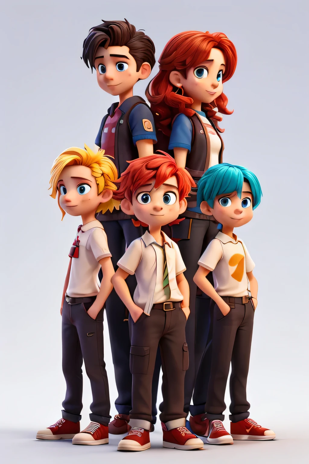 5 characters stand, talk to each other. 3 girls 2 guys girls with different hair lengths, with different hairstyles and bright hair. Guys with different hairstyles and bright hair. Everyone is in regular clothes. White background