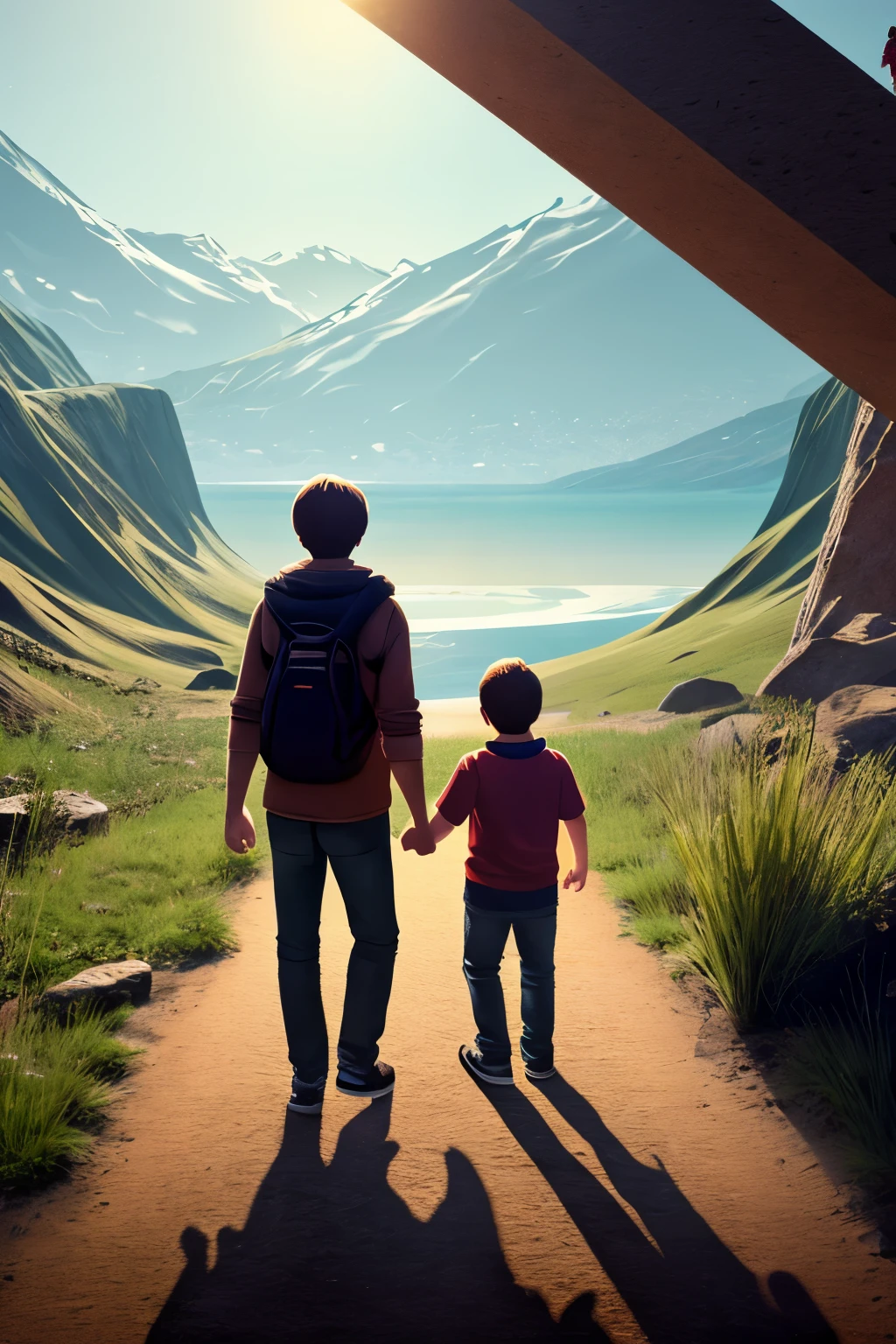 Father and Son,Holding hands on the back,Concept Art,3D large scene