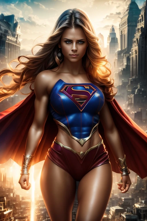 a supergirl, beautiful detailed eyes, beautiful detailed lips, extremely detailed eyes and face, long eyelashes, cinematic lighting, 8k, best quality, masterpiece, photorealistic, dynamic action pose, muscular female physique, tight fitting superhero costume, cape flowing in the wind, epic cityscape background, dramatic shadows, glowing energy effects, saturated vivid colors, digital art, concept art