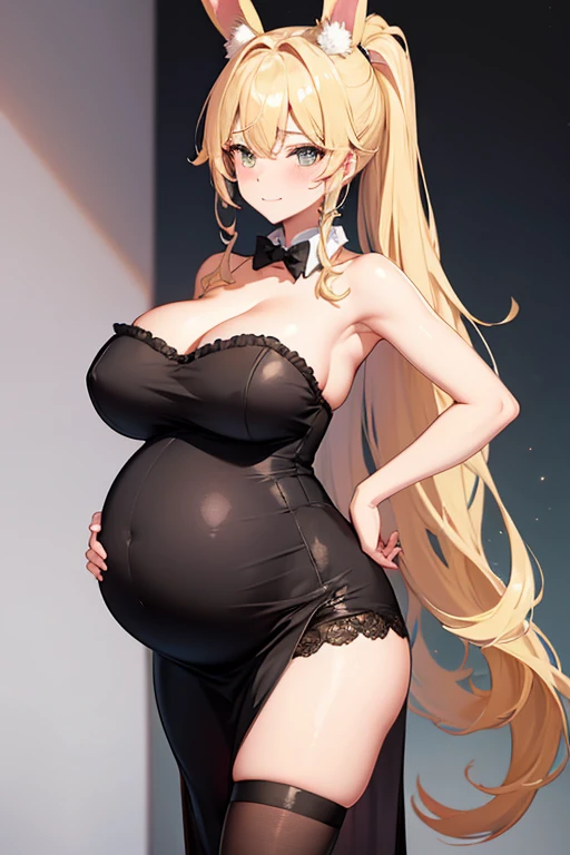 Sexy pregnant catgirl, cleavage, bunny ears, curly blonde ponytail, tight strapless black dress, pregnant