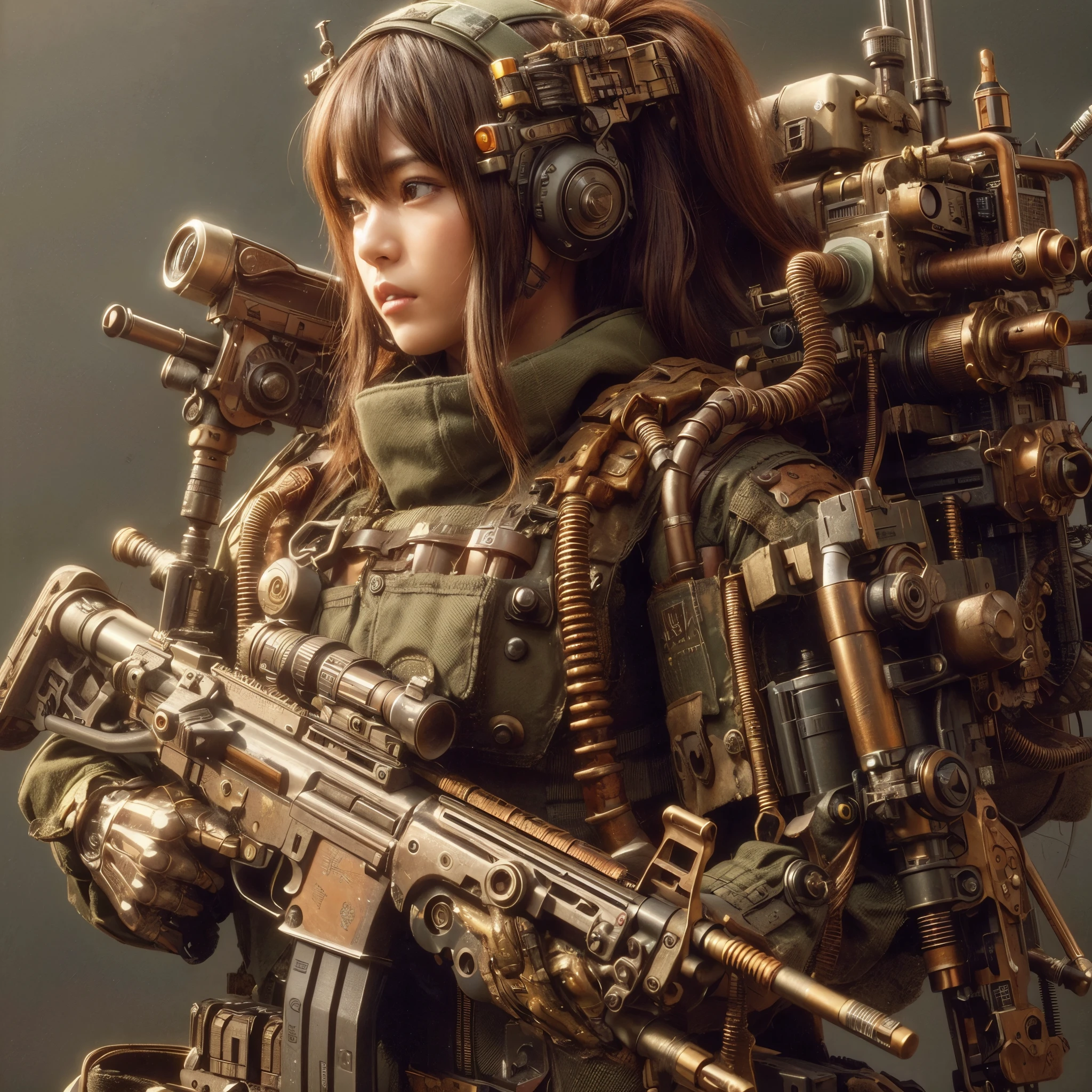 8k,Realistic Photo, Realistic Skin Texture, Superrealism, (WWII-like mechanical suit:1.2), collapsed city, heavy weapons,vivid textures,animal legs, gradation hair, japanese female soldier,(ultra beautiful face), ((super realistic all textures)), ((super intricate all details)), full body shot, ultra sharp photo result, Olive Drab color, scratch, Rust, weathering, steampunk, taken with Fuji film X-T30+Nokton. HDR10,Minimum of 4 pieces created