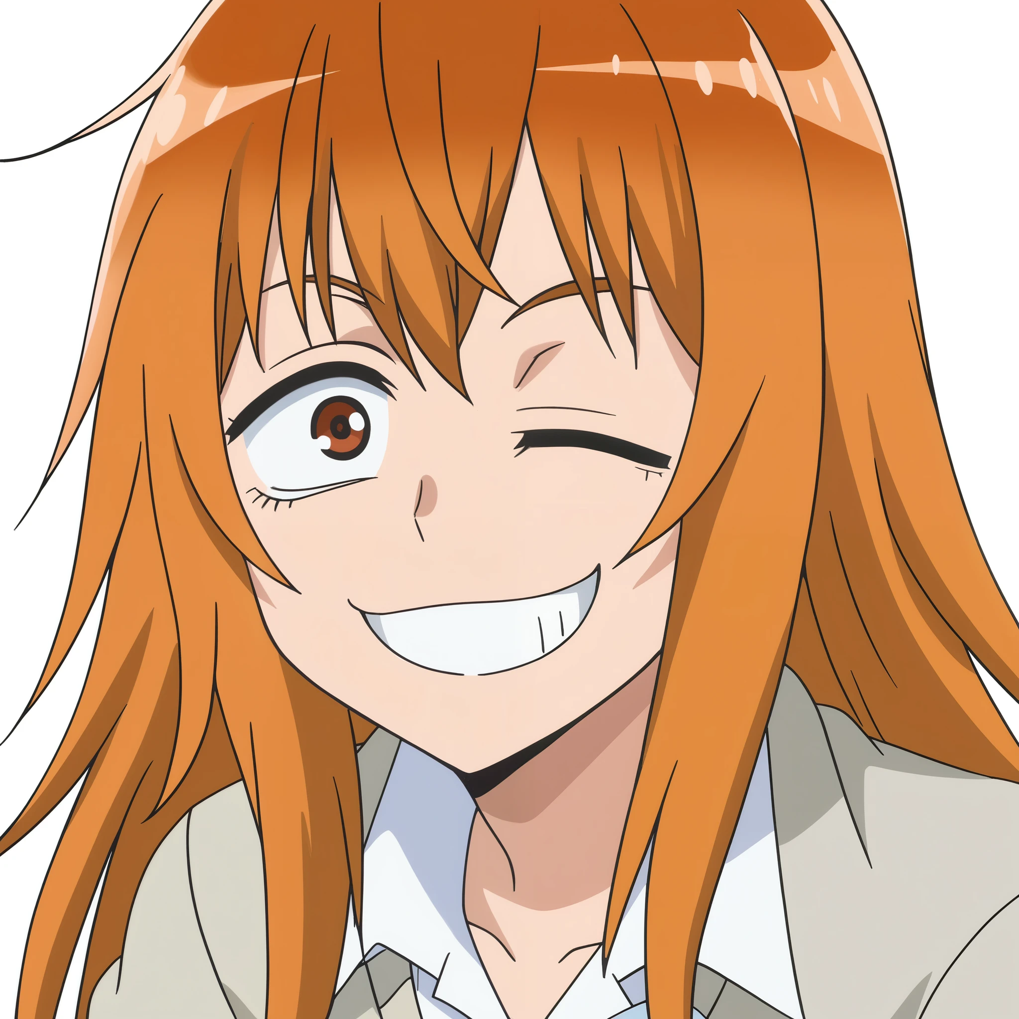 white background, Maki Gamou, 1girl, one eye closed, solo, white background, smile,