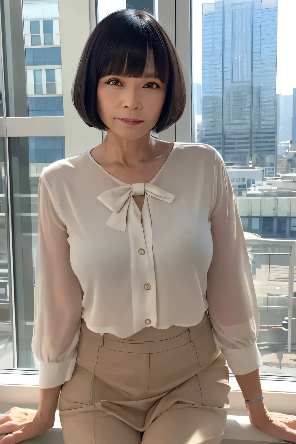 Bob cut with bangs、1 Female, Mature Woman, Best, bow, photograph, Realistic, highest quality, employment, Detailed face, office, Building seen from the window, Detailed Background, Diffused sunlight, Depth of written boundary, Bokeh
