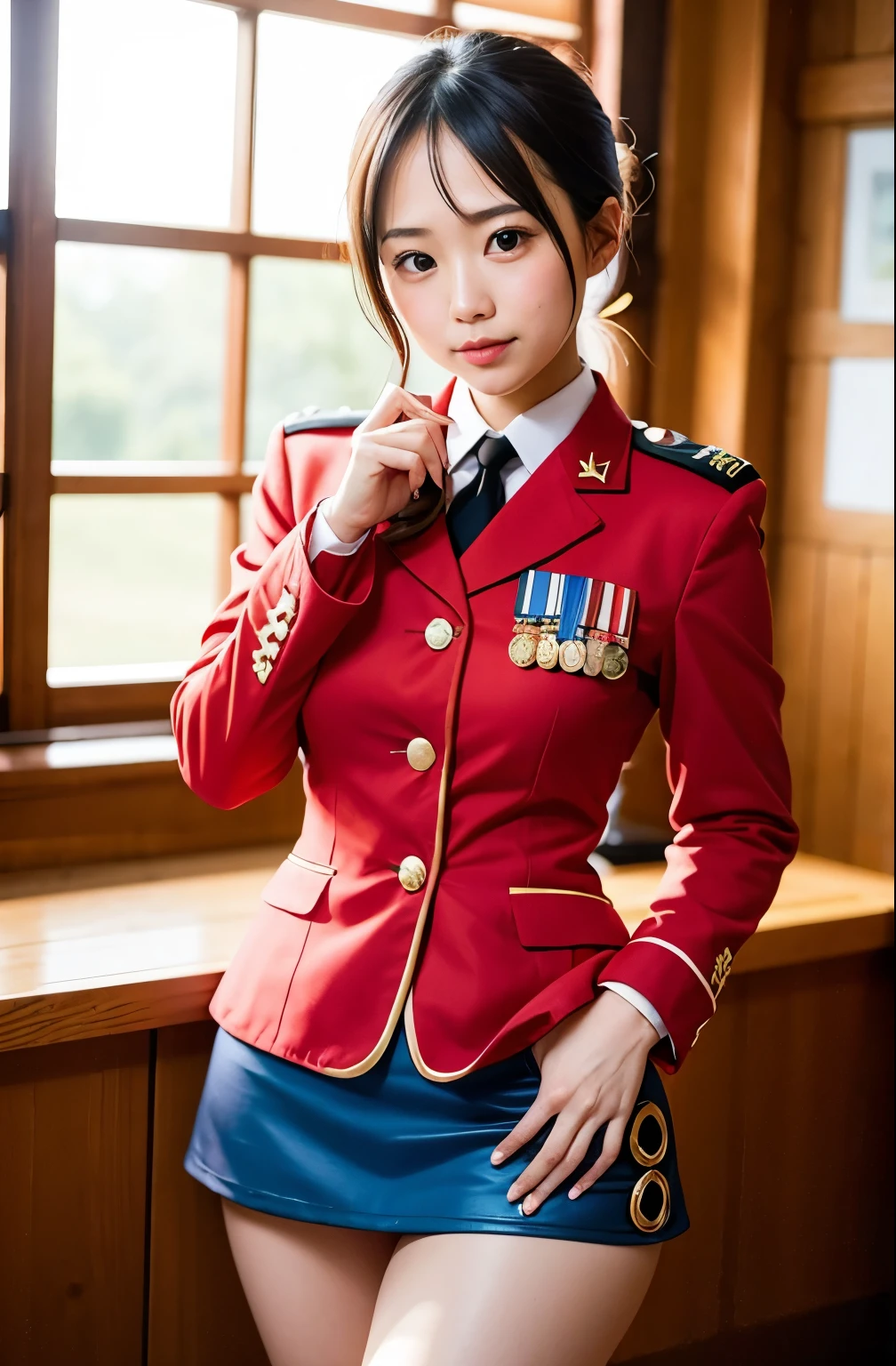 Actual Photos、Highest imYear quality、Realistic、Beautiful woman、白いpantiesとBeautiful thighs、Beautiful Face、real imYear、Federal Army Uniform Miniskirt、panties、ponytail、Yuriko Yoshitaka、16Year日本人女性、Zuo々Ki Nozomi:1.4、pretty girl、ピンクのpantiesーが見える、16Year、(白いpantiesー:1.3)、Ultra mini skirt、Beautiful thighs、ピンクのpantiesー、赤いミニスカートがめくれてピンクのpantiesーが見えてる