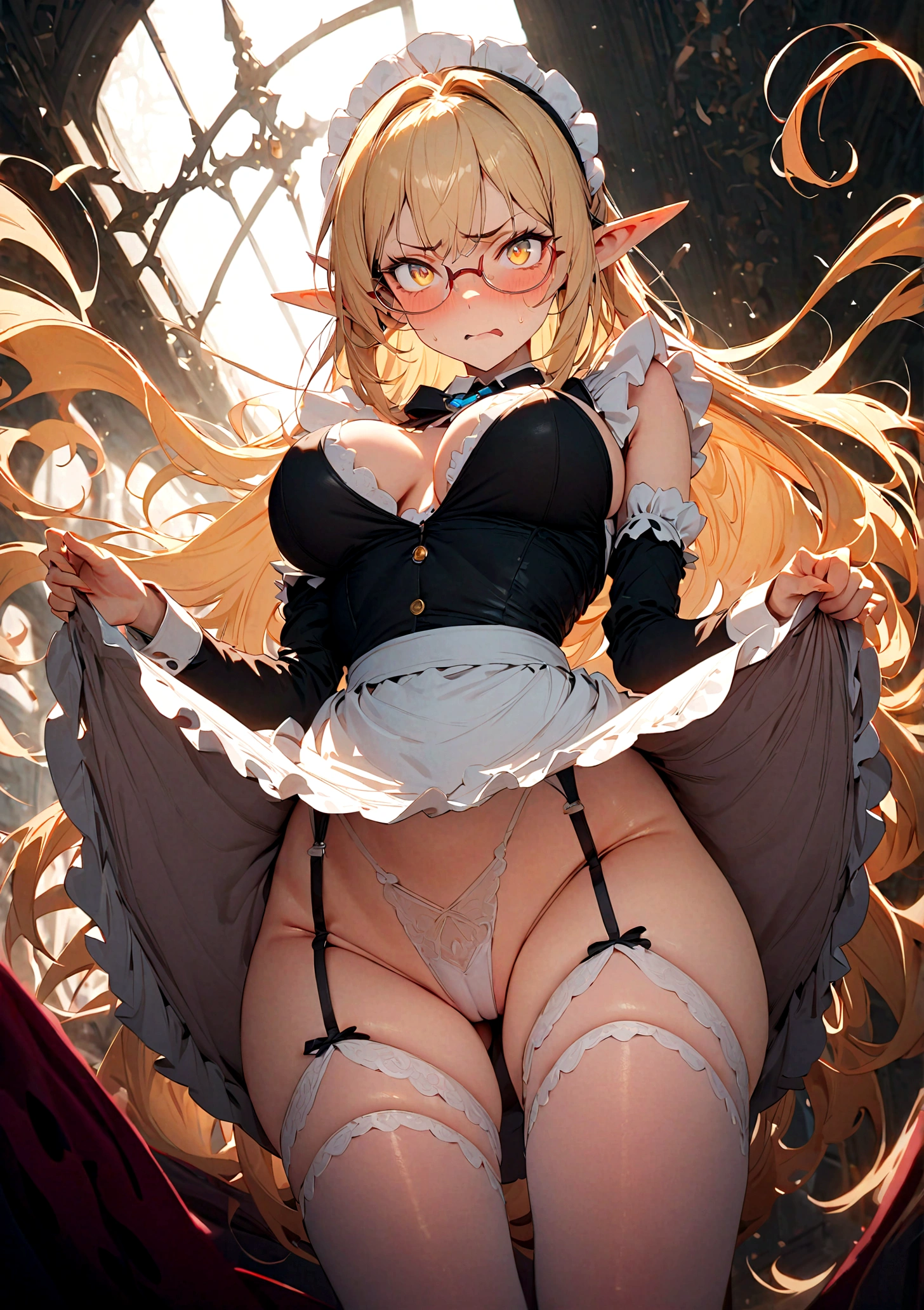 (Disgusted look:1.5),1girl,glasses,maid,elf,yellow eyes,disdain,evil,garters,large breasts,pointy ears,looking at viewer,long hair,blonde hair,expressive hair,clothes lift,best quality,Amazing,masterpiece,delicate,ultra high res,ultra detailed,8K,sharp focus,