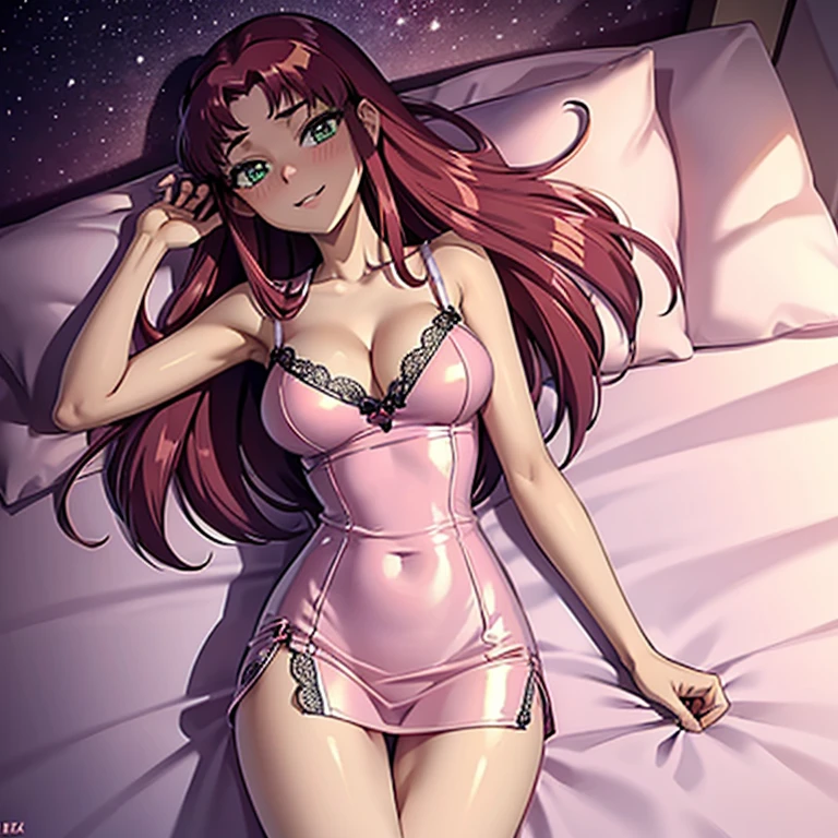 Starfire, shiny_dress, pink_silk_glossy_fabric, skinny, thin_legs, white_lace, nightwear, glossy_fabric, shiny, short_dress, cleavage, green_eyes, glossy_fabric, long_red_hair, skinny, bedroom, gentle_smile, blushing, beautiful, female, high resolution, 8k