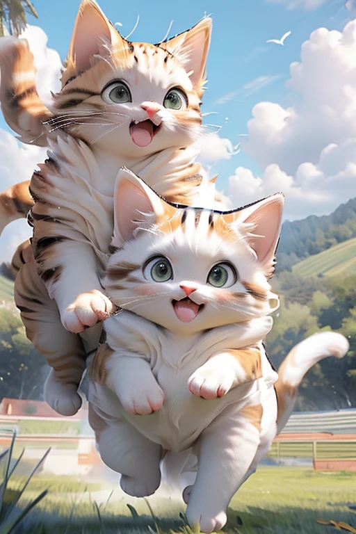 Two large calico cats、Running through the fields、(No jewelry or items are worn:1.3)、(No clothes:1.3)