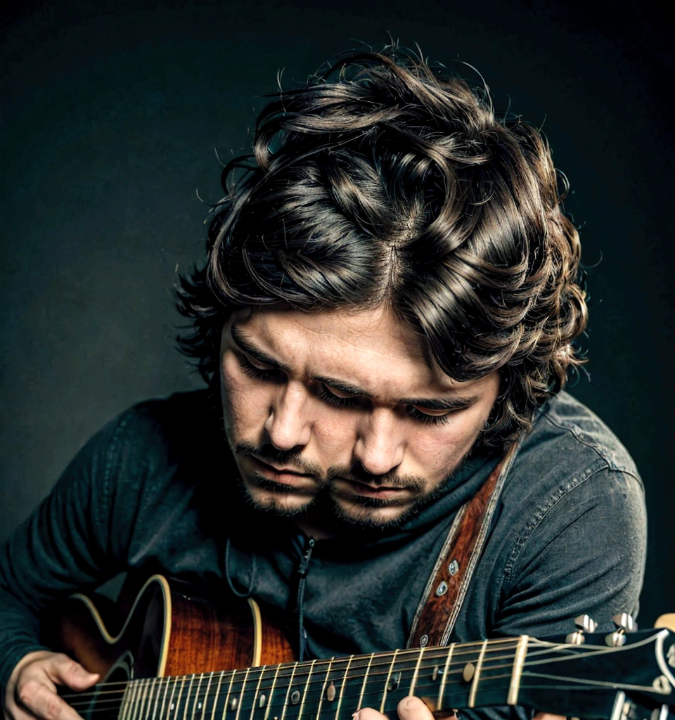 man, playing guitar, focused, artist, hair covering eyes