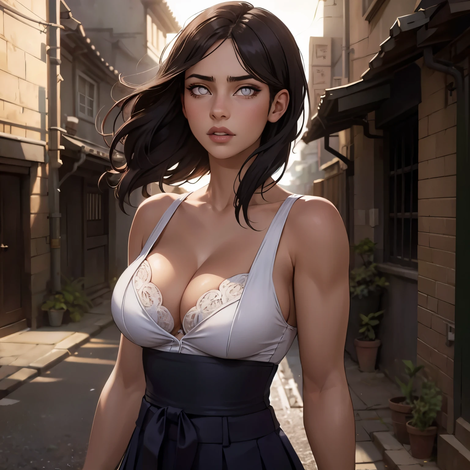 masterpiece, Best quality at best, 1girl, hinata hyuuga, ((medium sized breast:1.3)), shocked expression, (upperbody closeup), Raised sexy, alleyway, intricate details, realistic lighting, cinematic composition, dramatic shadows, vibrant colors, beautiful detailed eyes, beautiful detailed lips, extremely detailed eyes and face, longeyelashes, photo-realistic, cinematic lighting, dramatic atmosphere
