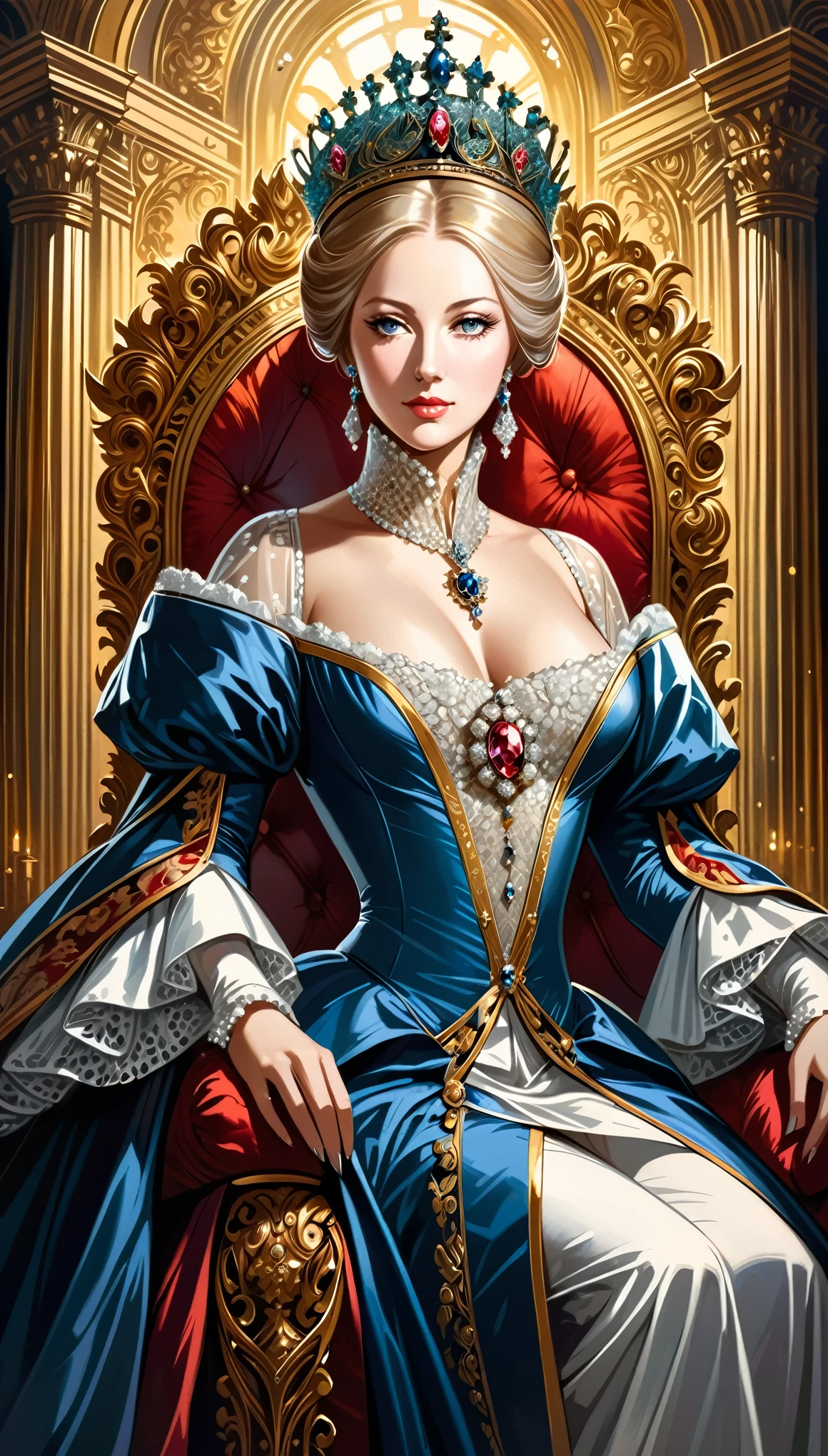 (in style of Aaron Horkey:0.9),Catherine II,Female emperor, elegant posture, regal outfit, powerful and confident expression, beautiful detailed eyes, beautiful detailed lips, intricate crown, luxurious throne, historical setting, oil painting style, realistic, vibrant colors, dramatic lighting, masterpiece:1.2
