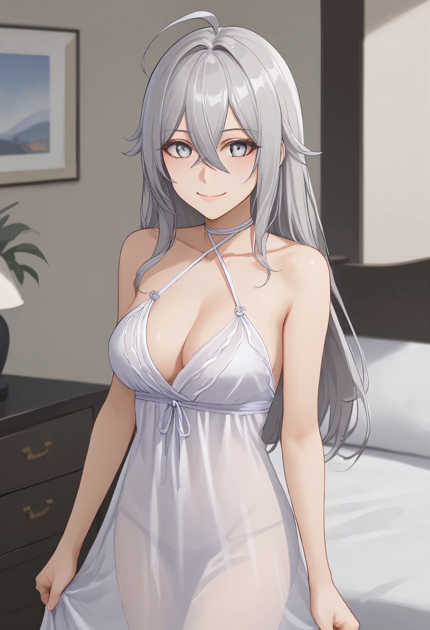 score_9, score_8_up, score_7_up, score_6_up, source_anime,masterpiece, best quality, 8k, 8k UHD, ultra-high resolution, ultra-high definition, highres, shading, good_hands,
vladilena milize, grey eyes, grey hair, hair between eyes, long hair, ahoge, straight hair,
(black halter dress), halter dress, halter neck, see-through cleavage,
indoors, solo, 1girl, standing, light smile,