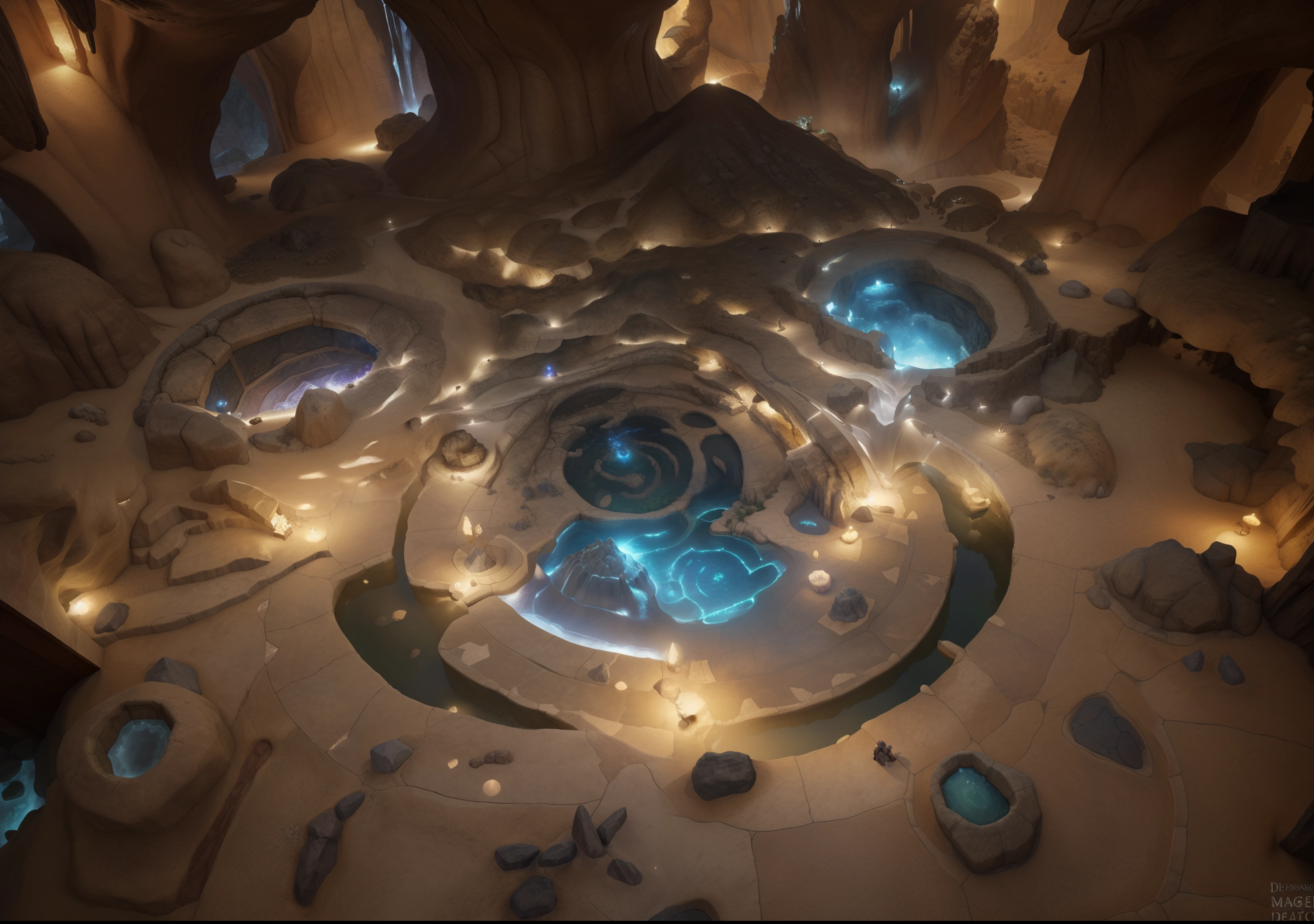 (masterpiece:1.1),(highest quality:1.1),(HDR:1),desert Rock texture,flagstone road,dim lights,speleothems,The texture is clear,Ray traching,Dune, dungeoun(The is very detailed,finely detailled,iintricate),8K resolution, birdseye straight top-down shot from a drone, (black necrotic magic in the air:1.2), dungeons and dragons, final fantasy, game art, (coherent architecture and interior, with realistic proportions and textures, intricate details, handdrawn, vibrant, cinematic lighting, masterpiece, 8k:1.2), waterfall around dungeon,