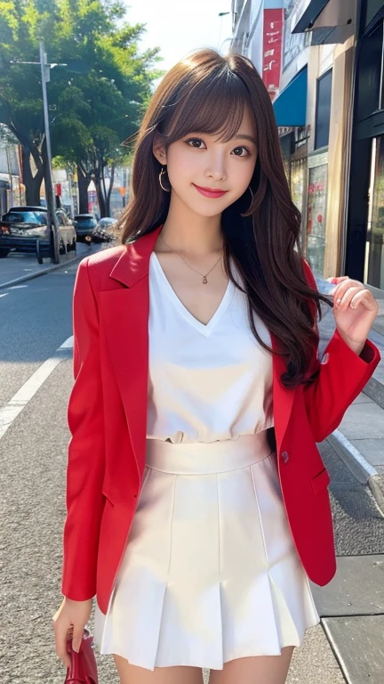 highest quality、8k wallpaper、Reality:1.4、Cinema Lighting、View your viewers、background:City street corner、1 beautiful girl、Japanese Idol、23 years old、Beautifully detailed eyes、Detailed face、Beautiful Skin、Slender、Slim waist、Thin legs、Fancy hairstyle:1.3、The sunlight hits her hair and it shines golden、Light Hair、Asymmetrical bangs、White blouse、White mini skirt、Red jacket、smile:1.2
