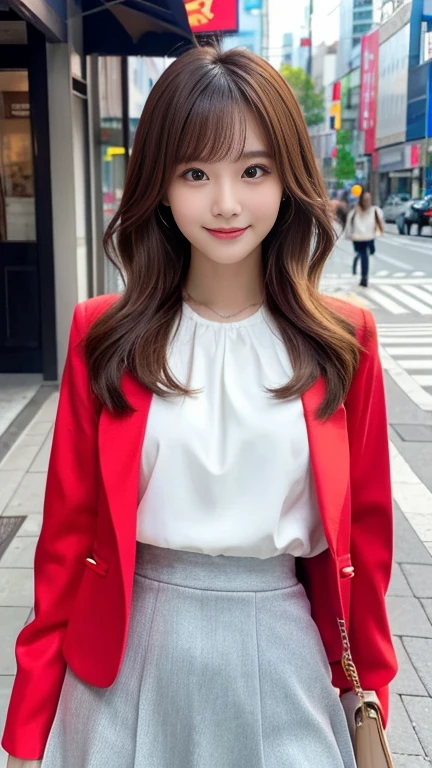 highest quality、8k wallpaper、Reality:1.4、Cinema Lighting、View your viewers、background:City street corner、1 beautiful girl、Japanese Idol、23 years old、Beautifully detailed eyes、Detailed face、Beautiful Skin、Slender、Slim waist、Thin legs、Fancy hairstyle:1.3、The sunlight hits her hair and it shines golden、Light Hair、Asymmetrical bangs、White blouse、White mini skirt、Red jacket、smile:1.2