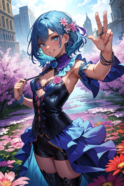 (Masterpiece, Top quality, Best quality, Beautiful and aesthetic:1.2), (1girll:1.3),( Flat color:1.3), high resolution, Extremely detailed, Original, Colorful, colored splashing, spatter, Atmospheric perspective, short length neon blue hair, icy blue white eyes, goth aesthetic, slutty witch, purple magic swirls, white braid in hair, bracelet jewelry, fishnet outfit, smiling for a picture, selfie, fangy smile, posing in a flower meadow, dynamic lighting, dramatic lighting
