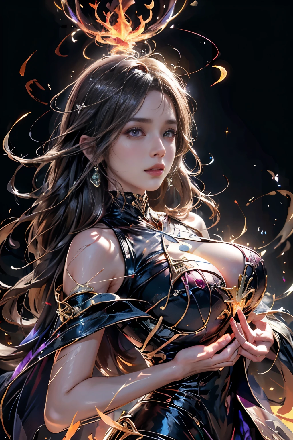 (8k, highest quality, masterpiece, final fantasy style: 1.2), (Realistic, photoRealistic: 1.37), Super detailed, One Girl, {black mage imbued with light}, Wide viewing angles, huge firm bouncing bust, Very delicate depiction, Miniature painting, Detailed depiction of the face, Detailed depiction of hair, Accurate skeleton, Dress with intricate patterns, Complicated armor, long thick sword,dream-like,Ultra-realistic mixed fantasy world,A mix of realistic and fantastical elements,Magical Effects,(Magic circle on the ground, Casting a Spell, Swirling Magic, Light particles),Dynamic Light,red,fire, red fire eyes,elegant,Rays of Sin,dark,(dark magic), (strict), The battle between good and evil, (Swirling Flames:1),universe, lightning, eruption, magic circle, Complex patterns, (call Phoenix:1.4), (huge mother crystal, huge flame:1.2)