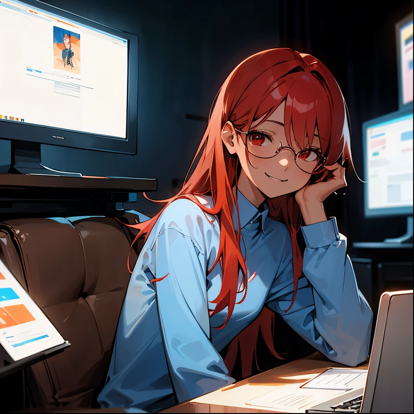 , middle breast, red hair, red eye, light brown skin, sky blue shirt, sitting in front of computer, smiling, hacker, sunglassess, very very dark room, extremely beautiful, masterpiece