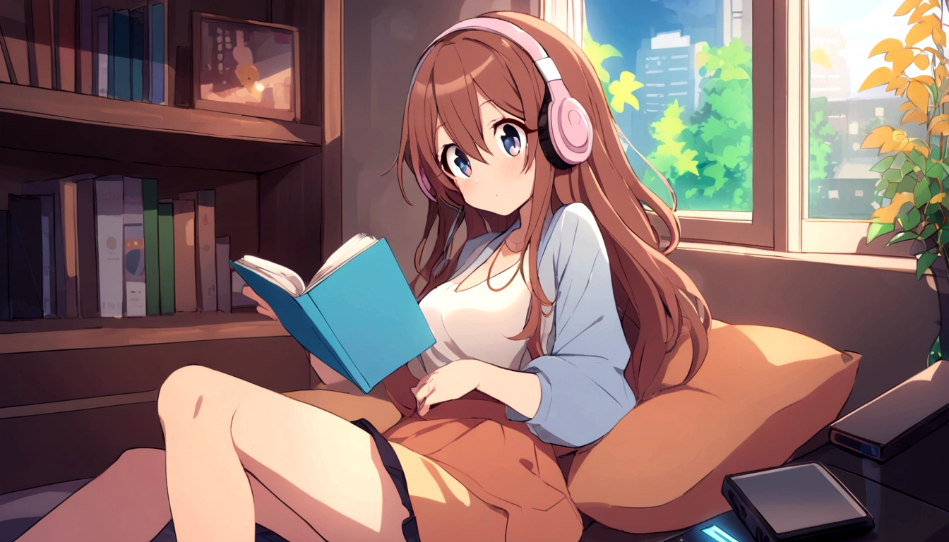Feminized Maple Manyo, reading a book seriously while listening to music on headphones in bed in room, girl with long hair, large eyes, city pop style fashion, night view outside window.