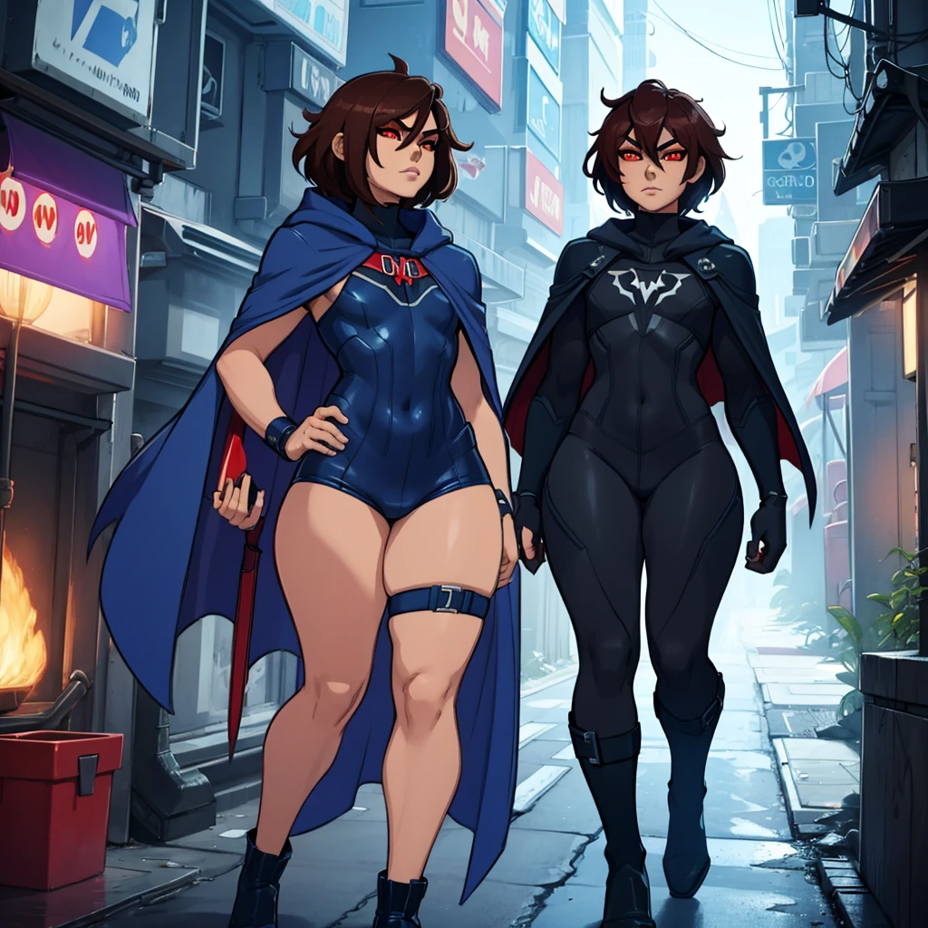 1boy, Femboy, superhero, crossdresser man, ager, with a dark blue with red accents full body Spandex crow themed suit, with a blue cape, a blue glowing decal in the chest, black gloves and black boots that resemble crow feet, and a hoodie, long technological red sword, brown skinned, red eyes, feminine shoulder length dark brown hair, wide hips, thick thighs , flat chest, narrow waist, walking down street a futuristic city at night ((only one character))