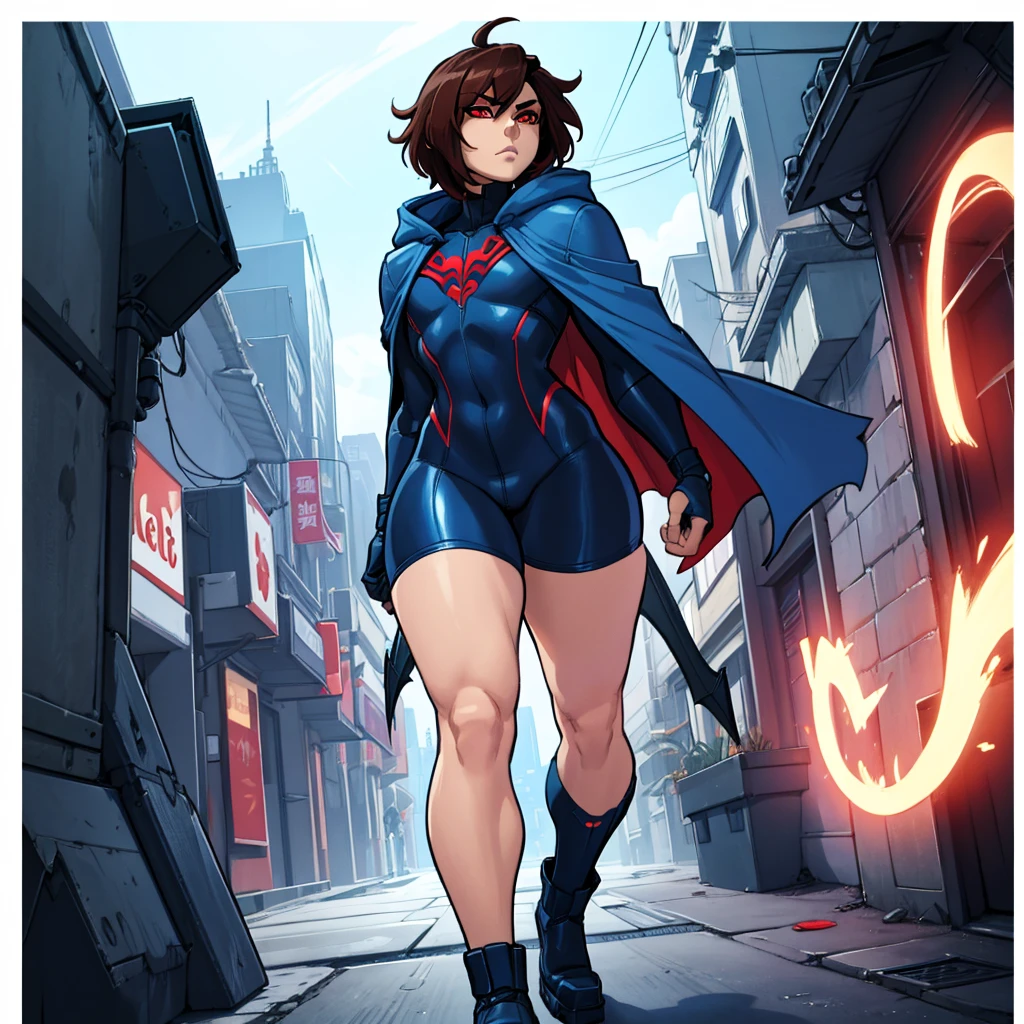 1boy, Femboy, superhero, crossdresser man, teenager, with a dark blue with red accents full body Spandex crow themed suit, with a blue cape, a blue glowing decal in the chest, black gloves and black boots that resemble crow feet, and a hoodie, long technological red sword, brown skinned, red eyes, feminine shoulder length dark brown hair, wide hips, thick thighs , flat chest, narrow waist, walking down street a futuristic city at night ((only one character))