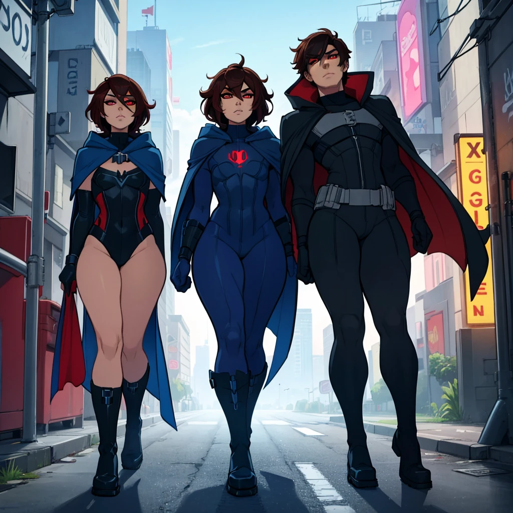 1boy, Femboy, superhero, crossdresser man, teenager, with a dark blue with red accents full body Spandex crow themed suit, with a blue cape, a blue glowing decal in the chest, black gloves and black boots that resemble crow feet, and a hoodie, long technological red sword, brown skinned, red eyes, feminine shoulder length dark brown hair, wide hips, thick thighs , flat chest, narrow waist, walking down street a futuristic city at night ((only one character))