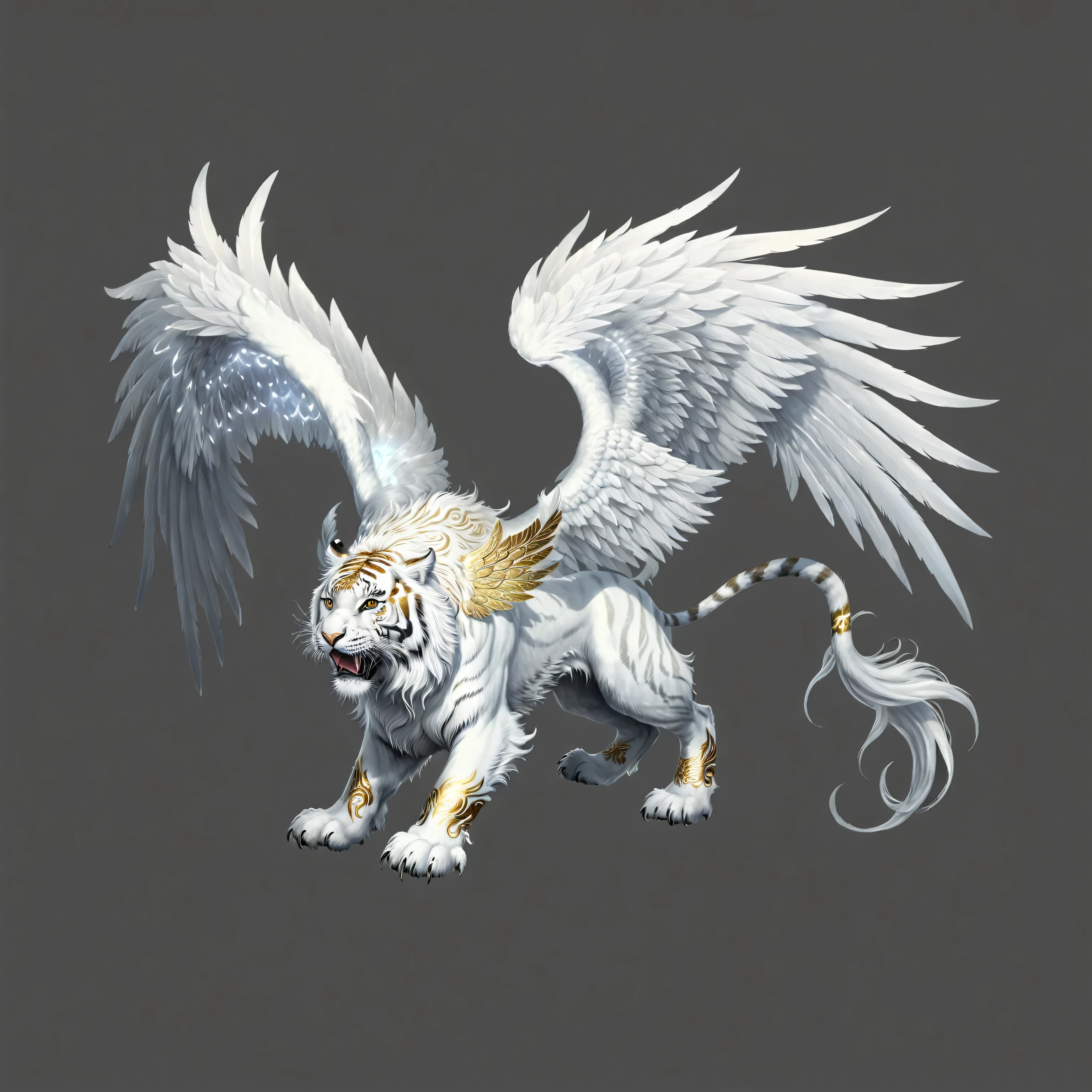 A white and golden tiger with wings on a gray background, huge white glowing wings, flying mythical beasts, Fantasy Creatures, Highly detailed animal monsters,