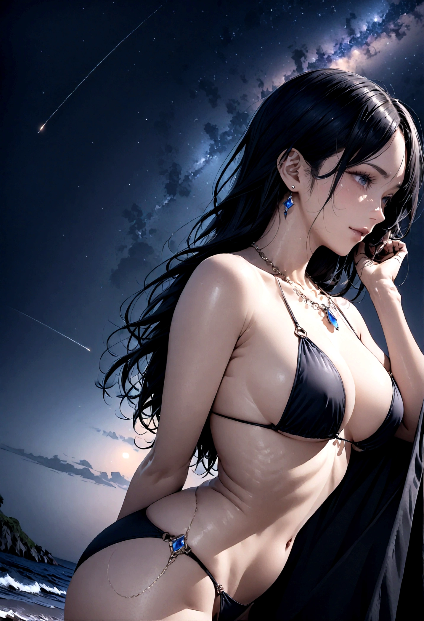 8k, masterpiece, RAW Photos, highest quality, Realistic, Very detailed, Depth of written boundary, Cinematic Light, Anatomically correct body,
(One beautiful elegant mature woman:1.8), Very beautiful face, Exquisitely detailed face, (A calm and gentle face:1.4), Very delicate skin texture, Transparent muscle, Shiny white skin, Glamorous Body,
(Wavy black long hair:1.2), Sexy Breasts, Sexy ass,
(Brazilian Bikini:1.4), (Detailed cloth texture:1.2), (Body chain accessory with detailed jewel studded embellishments:1.3), (Gorgeous necklace:1.1), (Gorgeous earrings:1.1),
(Dark starry background:1.4), (Milky Way:1.1), (milky way:1.1), (shooting star:1.1), (Dark coastline at night:1.4), (Pitch black sea surface:1.4),
(Standing on the beach:1.2),
(Low angle shot:1.8),
