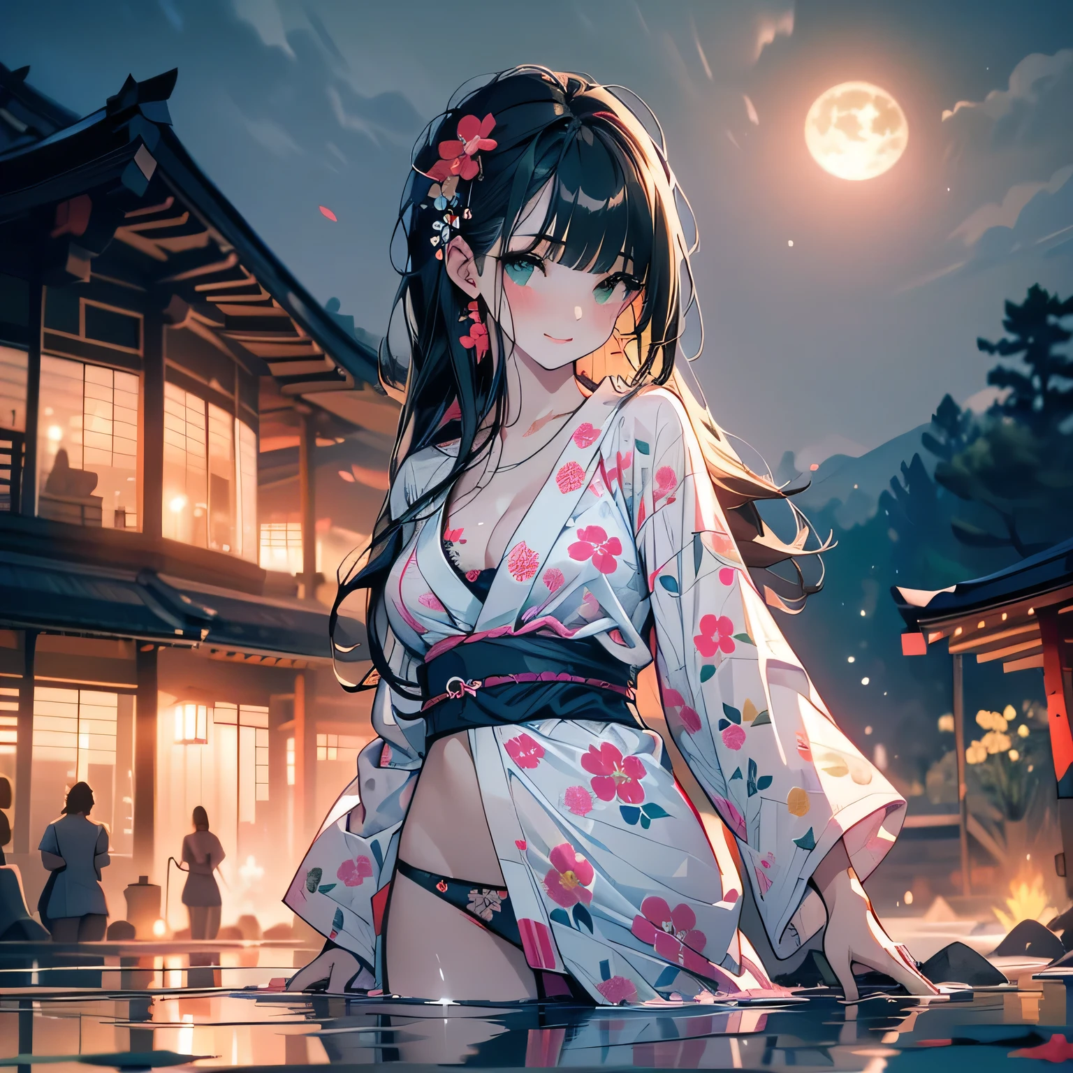 ((panty shot)),((lifting skirt)),((flower printed panties focus)),Vulgar,low angle,from below, cleavage,(( looking at the viewer)),
full body,low angle,from below,♥(japanese flower printed yukata),(bathing in the spa), ((1girl,cute,young,Semi long beautiful black hair,blunt bangs,beautiful green eyes)),(solo),((masterpiece, highest resolution,best quality)), ((realistic:1.5,Beautiful girl RAW photo)), (bathing in the spa), (looking at the viewer), innocent smile,cinematic lighting,beautiful outside open spa, rocks,natural beauty,full moon,night sky