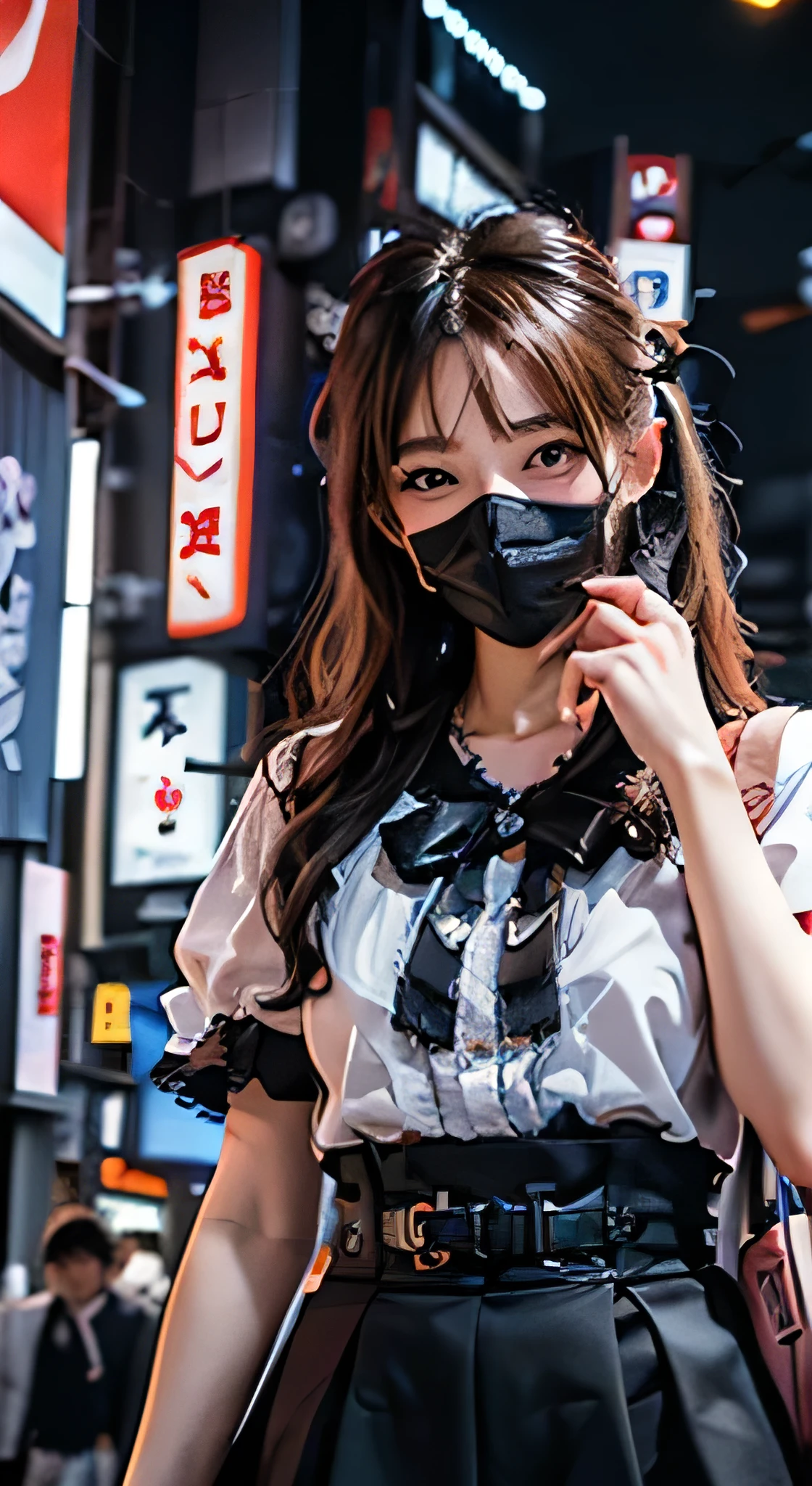 (Surreal, High resolution), (One Girl), (Very detailed美しい顔), Great face and eyes, (highest quality:1.4), (Super detailed), (Very detailed CG synthesis 8k wallpaper), Very detailed, High resolution raw color photos, Professional photography, Realistic portraits, Great face and eyes, Pink Eyes, (Fashion in Tokyo Kabukicho:1.3), (Fashion in Tokyo Kabukicho:1.2), mini skirt, Brown Hair,  Depth of written boundary, Midnight Kabukicho (squat:1.1), (:1.4), (((Bokeh))), Depth of written boundary, (View from below:1.15),Wearing a black mask