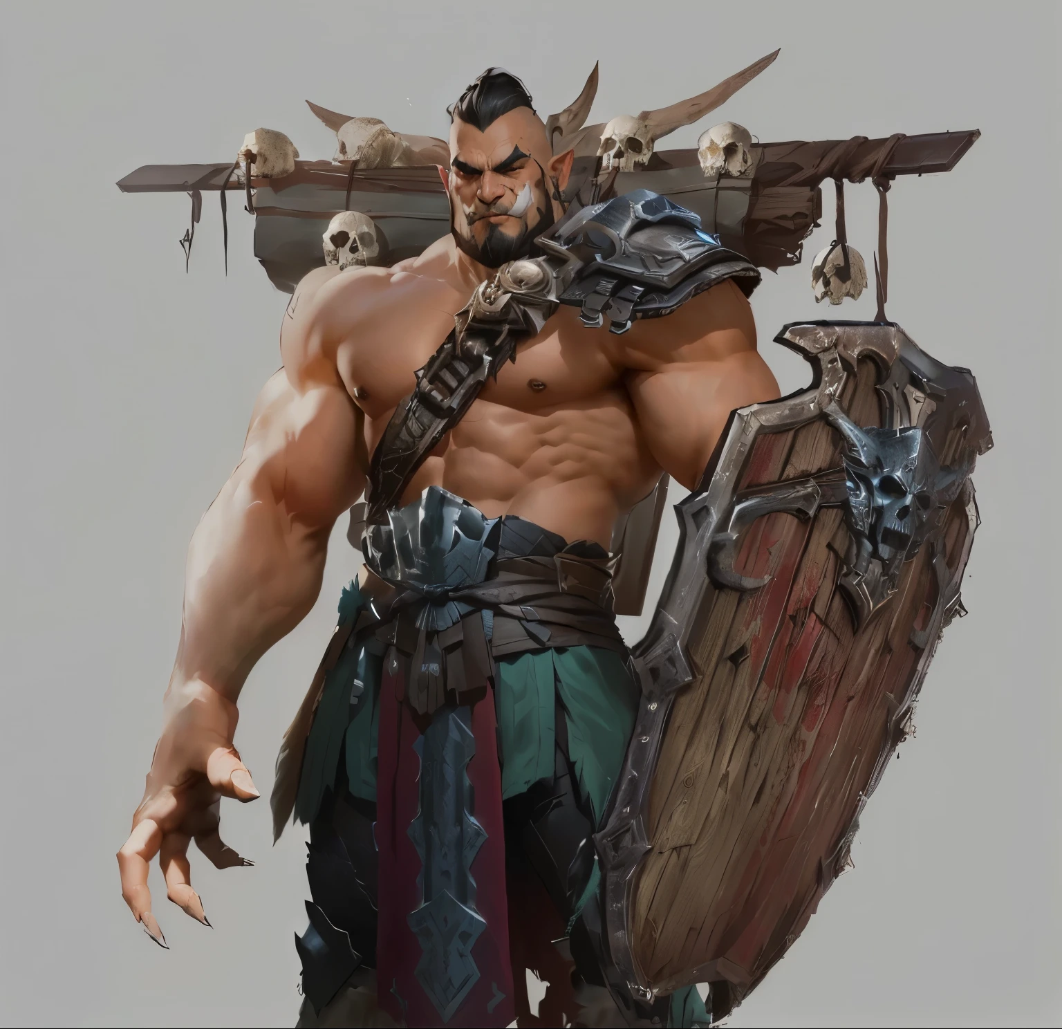 Arafud Male Warrior，With sword and shield on his shoulders，And the Skeletons, barbarian class, Dog Face Muscle Goblin, Warrior concept art, feng zhu concept art, barbarian, author Shen Zhou, by Feng Zhu, Tyler Edlin Fantasy Art, Hero fantasy character concept, Ultra-detailed fantasy characters, author：Chen Zhou, Stunning 8k character concept art