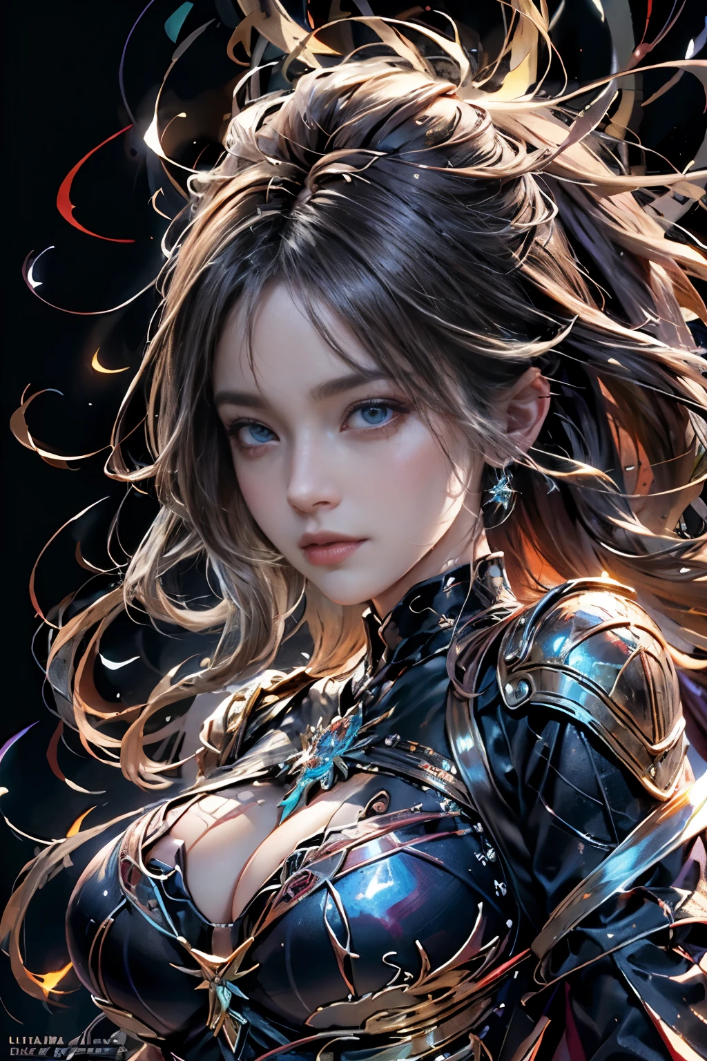 (8k, highest quality, masterpiece, final fantasy style: 1.2), (Realistic, photoRealistic: 1.37), Super detailed, One Girl, {black mage imbued with light}, Wide viewing angles, huge firm bouncing bust, Very delicate depiction, Miniature painting, Detailed depiction of the face, Detailed depiction of hair, Accurate skeleton, Dress with intricate patterns, Complicated armor, long thick sword,dream-like,Ultra-realistic mixed fantasy world,A mix of realistic and fantastical elements,Magical Effects,(Magic circle on the ground, Casting a Spell, Swirling Magic, Light particles),Dynamic Light,red,fire, red fire eyes,elegant,Rays of Sin,dark,(dark magic), (strict), The battle between good and evil, (Swirling Flames:1),universe, lightning, eruption, magic circle, Complex patterns, (call Phoenix:1.4), (huge mother crystal, huge flame:1.2)