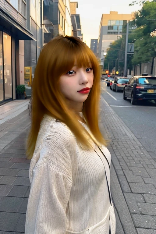 Close up portrait of a woman standing on the sidewalk near a building, blond hair, With bangs, Shirahime cut hairstyle, neat hair With bangs, Korean Girls, long hair With bangs, long hair Full Bang, Full Bang, Chiho, she has black hair With bangs, Beautiful young Korean woman, Shin Jinyoung, Short hair, shikamimi