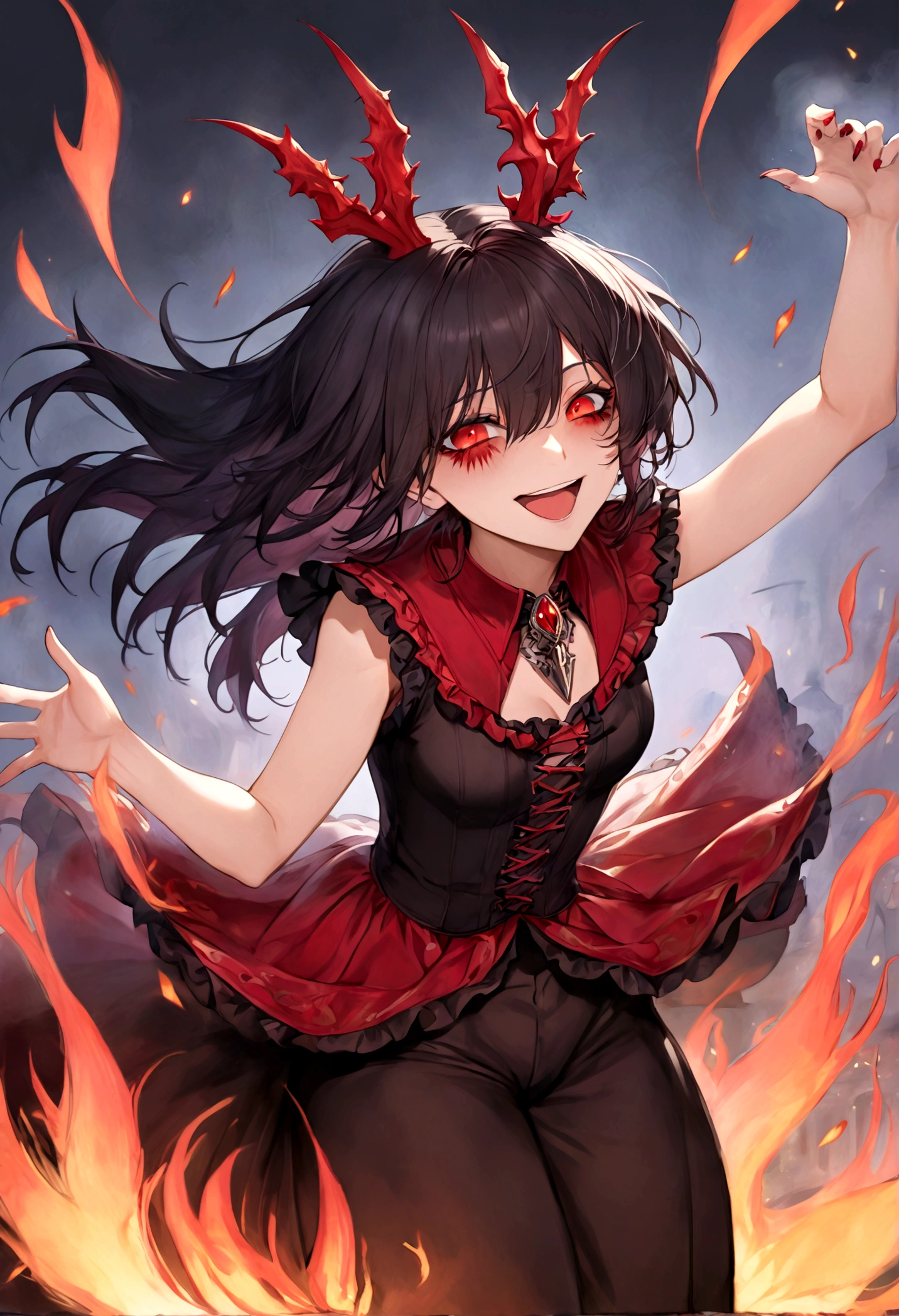 Jester, Red, Black, Rakdos, High Quality, Laughing, Female, Black Sclera, Red Iris, Fire, Magic the Gathering, Androgynous, Adult, Psychopath, Circus, Dancing, Solo, Theatre, Performer, Look Away, Black long Hair, Hair Falling over Face, 30 years old, Milf, Grown Up, Not young looking, Pale, red markings under the eyes