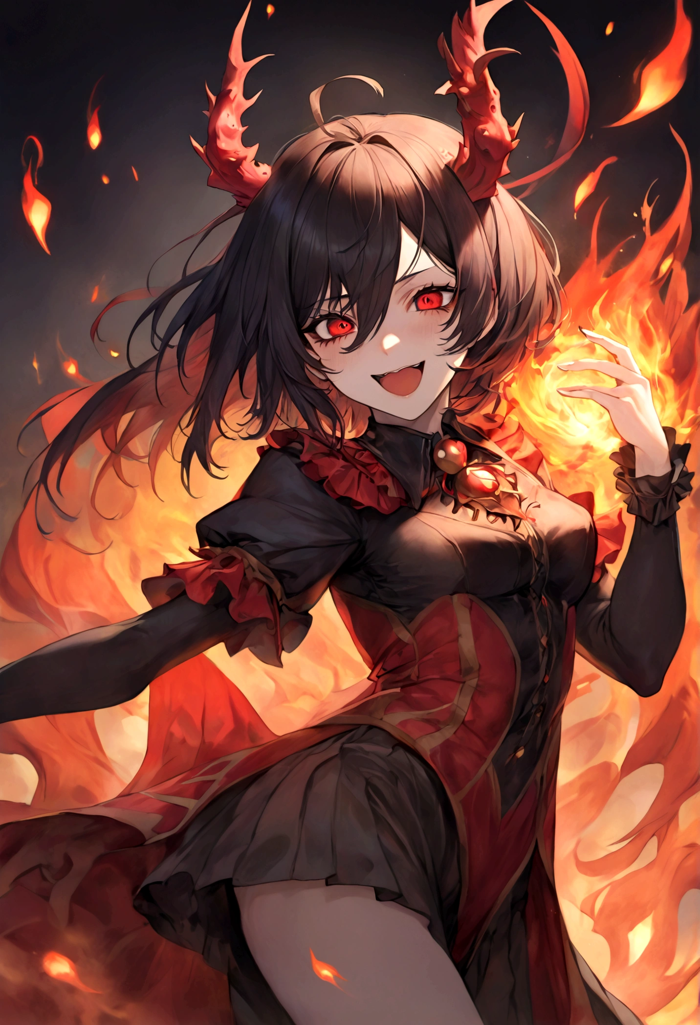 Jester, Red, Black, Rakdos, High Quality, Laughing, Female, Black Sclera, Red Iris, Fire, Magic the Gathering, Androgynous, Adult, Psychopath, Circus, Dancing, Solo, Theatre, Performer, Look Away, Black long Hair, Hair Falling over Face, 30 years old, Milf, Grown Up, Not young looking, Pale, red markings under the eyes