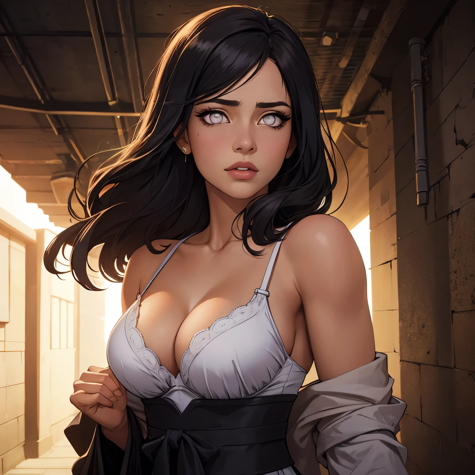 masterpiece, Best quality at best, 1girl, hinata hyuuga, ((medium sized breast:1.3)), shocked expression, (upperbody closeup), Raised sexy, alleyway, intricate details, realistic lighting, cinematic composition, dramatic shadows, vibrant colors, beautiful detailed eyes, beautiful detailed lips, extremely detailed eyes and face, longeyelashes, photo-realistic, cinematic lighting, dramatic atmosphere