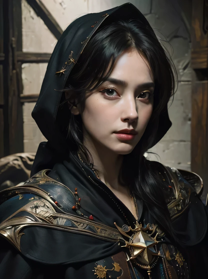 ((masterpiece、highest quality、Very detailed、High resolution、Photorealistic、Sharp Focus))、Bust Shot、Focus from the chest up、Handsome mature female wizard wearing a charming hood、(Black Hair、Handsome face、Sharp Eye)、Dark atmosphere、Viewer Perspective、Detailed depiction of a hand、Wizardrobe、Wizardrope、oil painting