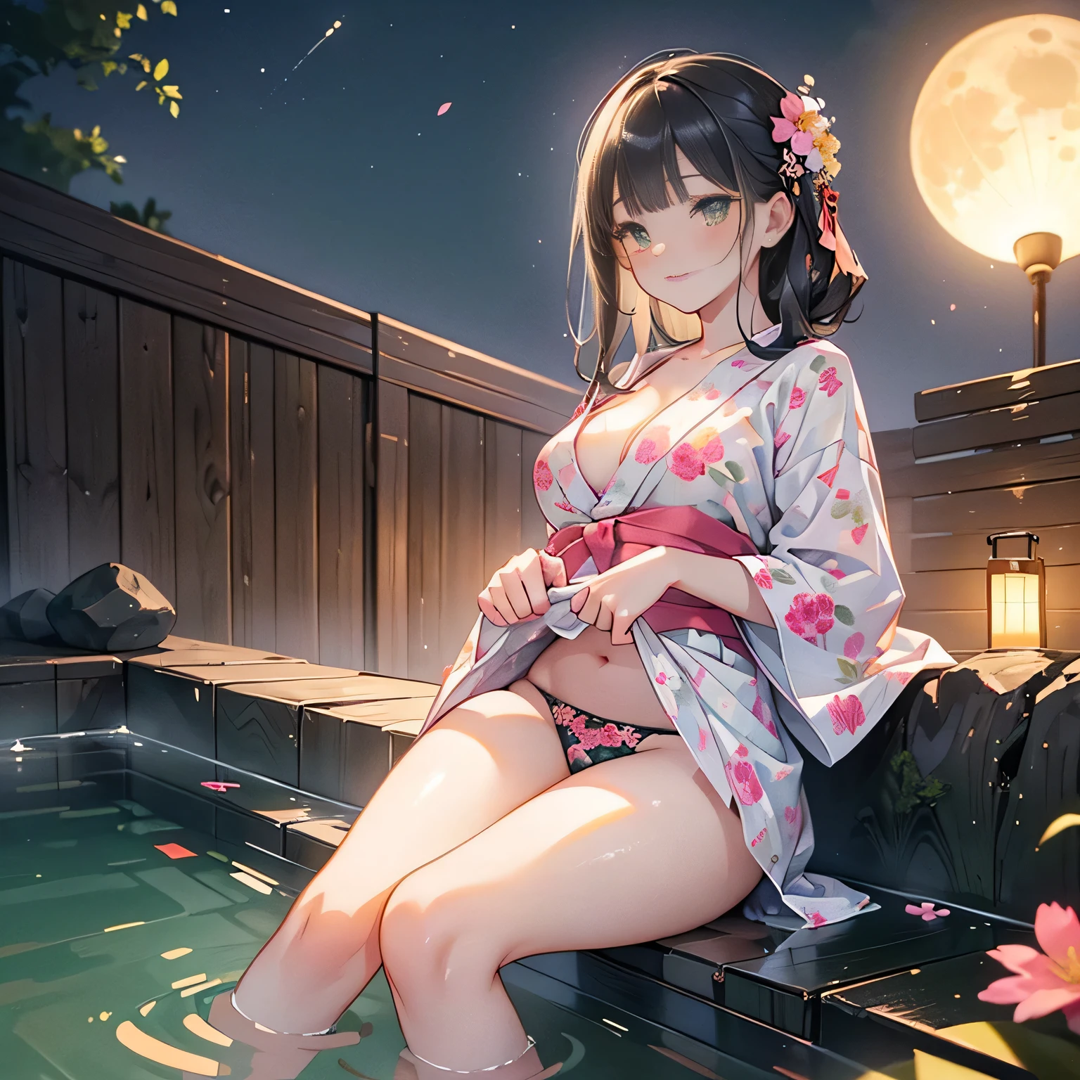 ((panty shot)),((lifting skirt)),((flower printed panties focus)),Vulgar,low angle,from below, cleavage,(( looking at the viewer)),
full body,low angle,from below,♥(japanese flower printed yukata),(bathing in the spa), ((1girl,cute,young,Semi long beautiful black hair,blunt bangs,beautiful green eyes)),(solo),((masterpiece, highest resolution,best quality)), ((realistic:1.5,Beautiful girl RAW photo)), (bathing in the spa), (looking at the viewer), innocent smile,cinematic lighting,beautiful outside open spa, rocks,natural beauty,full moon,night sky