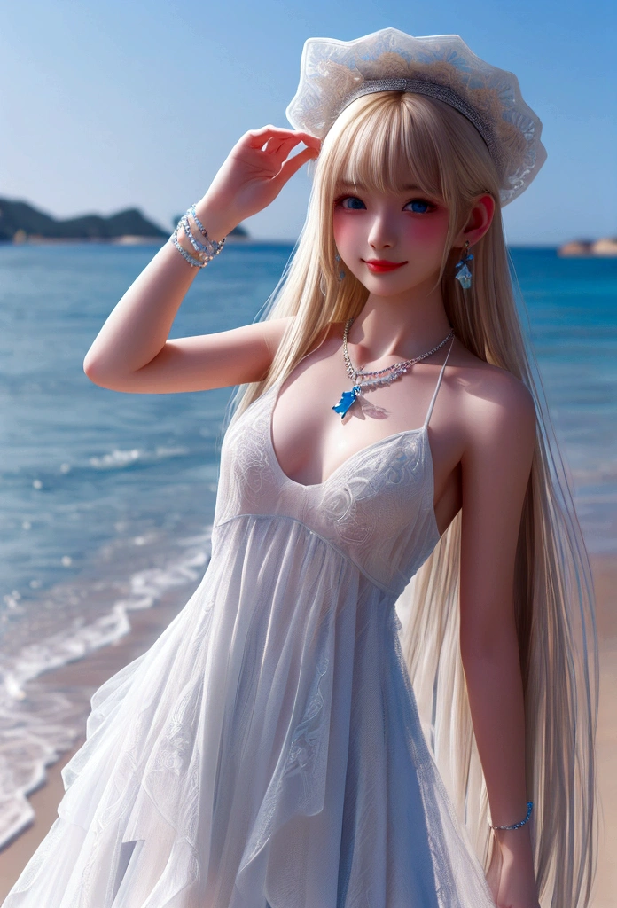 white blonde hair、bare、a lot、 Shiny skin、 white skin、 smile、 Beautiful bangs、 long and straight、 shiny hair、 Extra long, straight hair、 eyeliner、 small face、 Big, firm breasts、 Eyes as blue as crystal clear sea water.、 Shining beautifully、 earring, pendant, Hats and bracelets hang from ears.、Beautiful and smart girl、 Play in the water at the outdoor beach and take full-length photos.