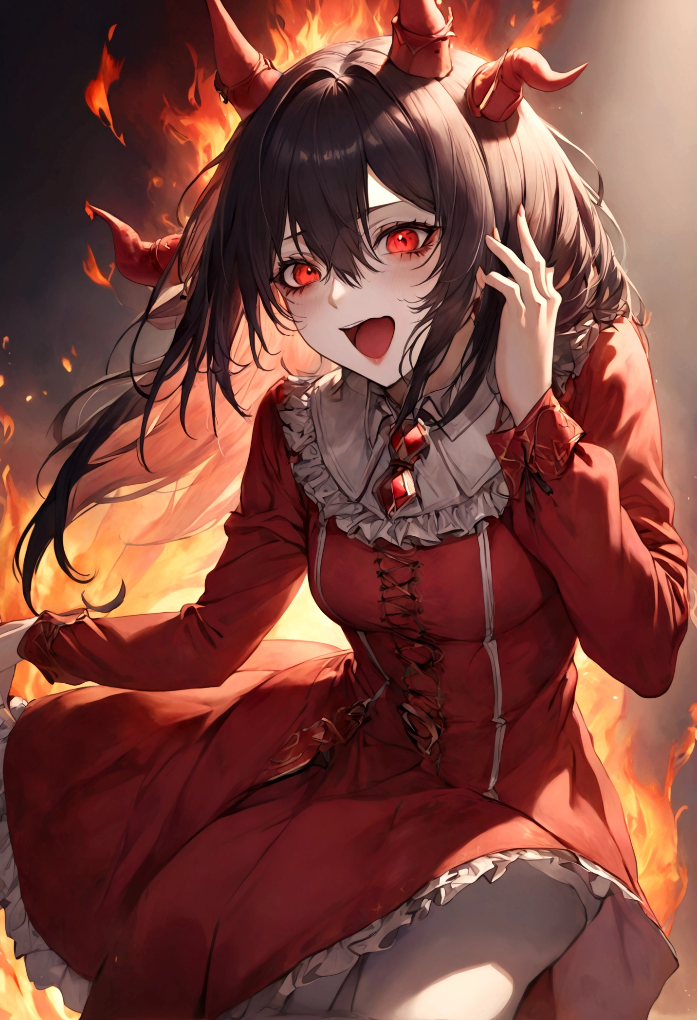 Jester, Red, Black, Rakdos, High Quality, Laughing, Female, Black Sclera, Red Iris, Fire, Magic the Gathering, Androgynous, Adult, Psychopath, Circus, Dancing, Solo, Theatre, Performer, Look Away, Black long Hair, Hair Falling over Face, 30 years old, Milf, Grown Up, Not young looking, Pale, red markings under the eyes; do not look at camera, look up