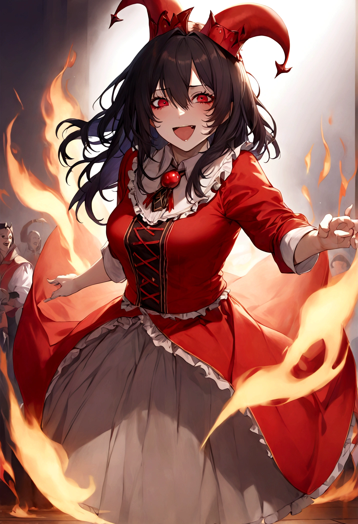 Jester, Red, Black, Rakdos, High Quality, Laughing, Female, Black Sclera, Red Iris, Fire, Magic the Gathering, Androgynous, Adult, Psychopath, Circus, Dancing, Solo, Theatre, Performer, Look Away, Black long Hair, Hair Falling over Face, 30 years old, Milf, Grown Up, Not young looking, Pale, red markings under the eyes; do not look at camera, look up